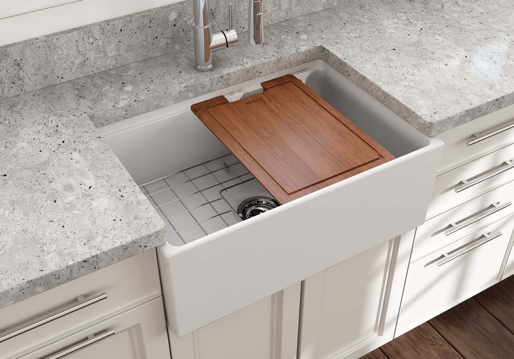 BOCCHI Contempo 27" Fireclay Workstation Farmhouse Sink Kit with Accessories, Matte White, 1628-002-0120