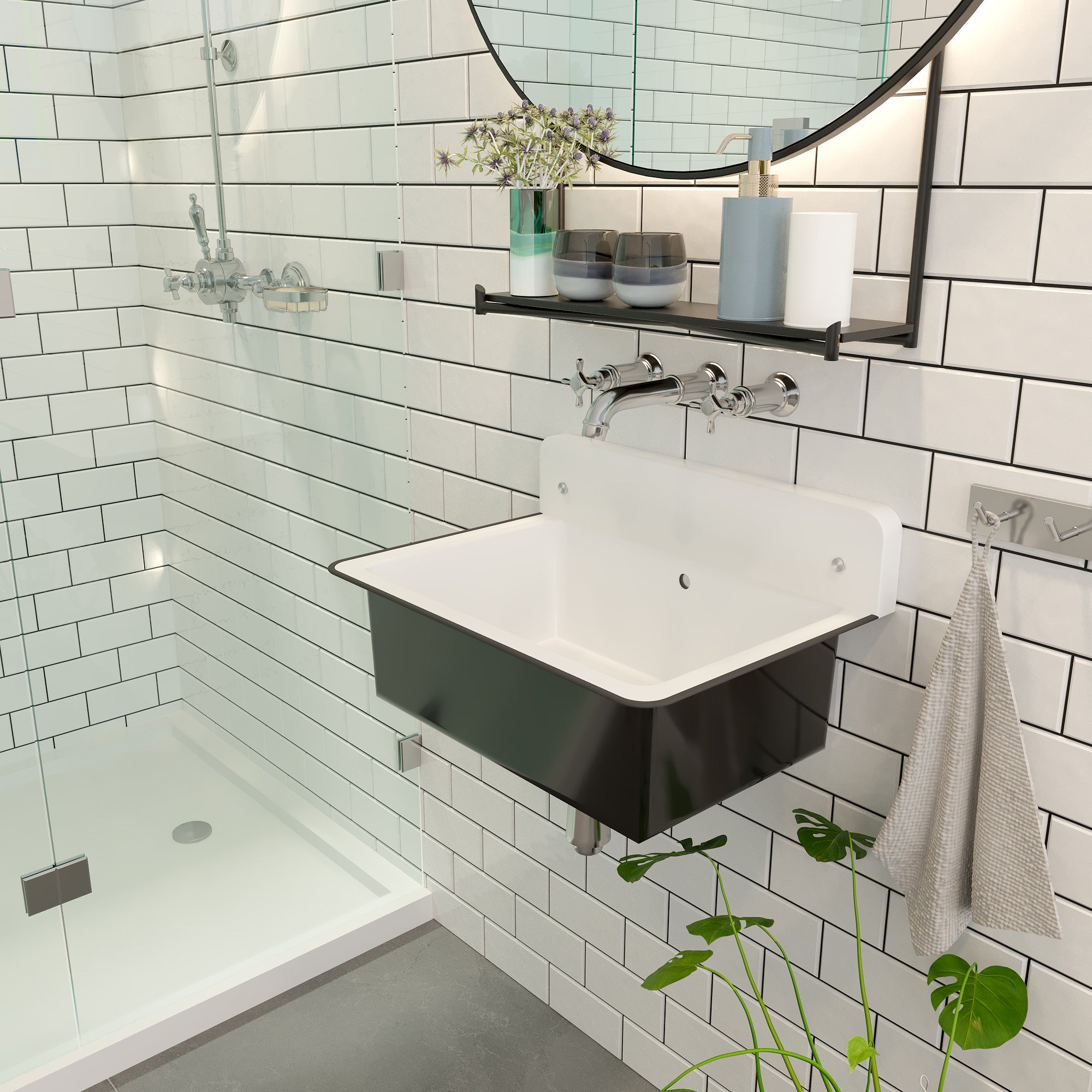 Nantucket Sinks Anchor 19.5" x 14" Irregular Wallmount Iron Bathroom Sink with Accessories, Black/White, NS-ACBS20OF-BLKW