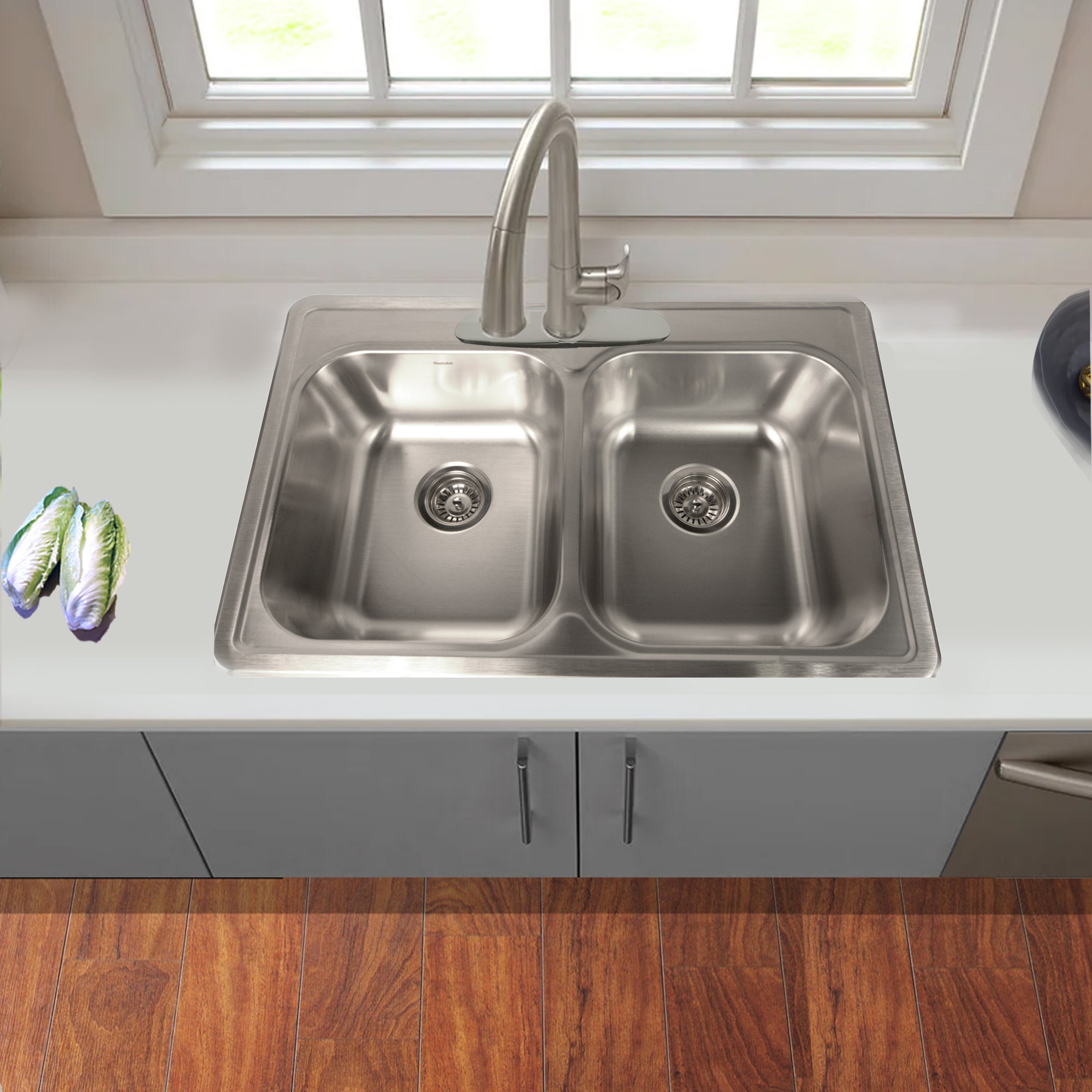 Alternate Image for Nantucket Sinks Madaket 33" Drop In/Topmount 304 Stainless Steel Kitchen Sink with Accessories, 50/50 Double Bowl, 18 Gauge, NS3322-DE