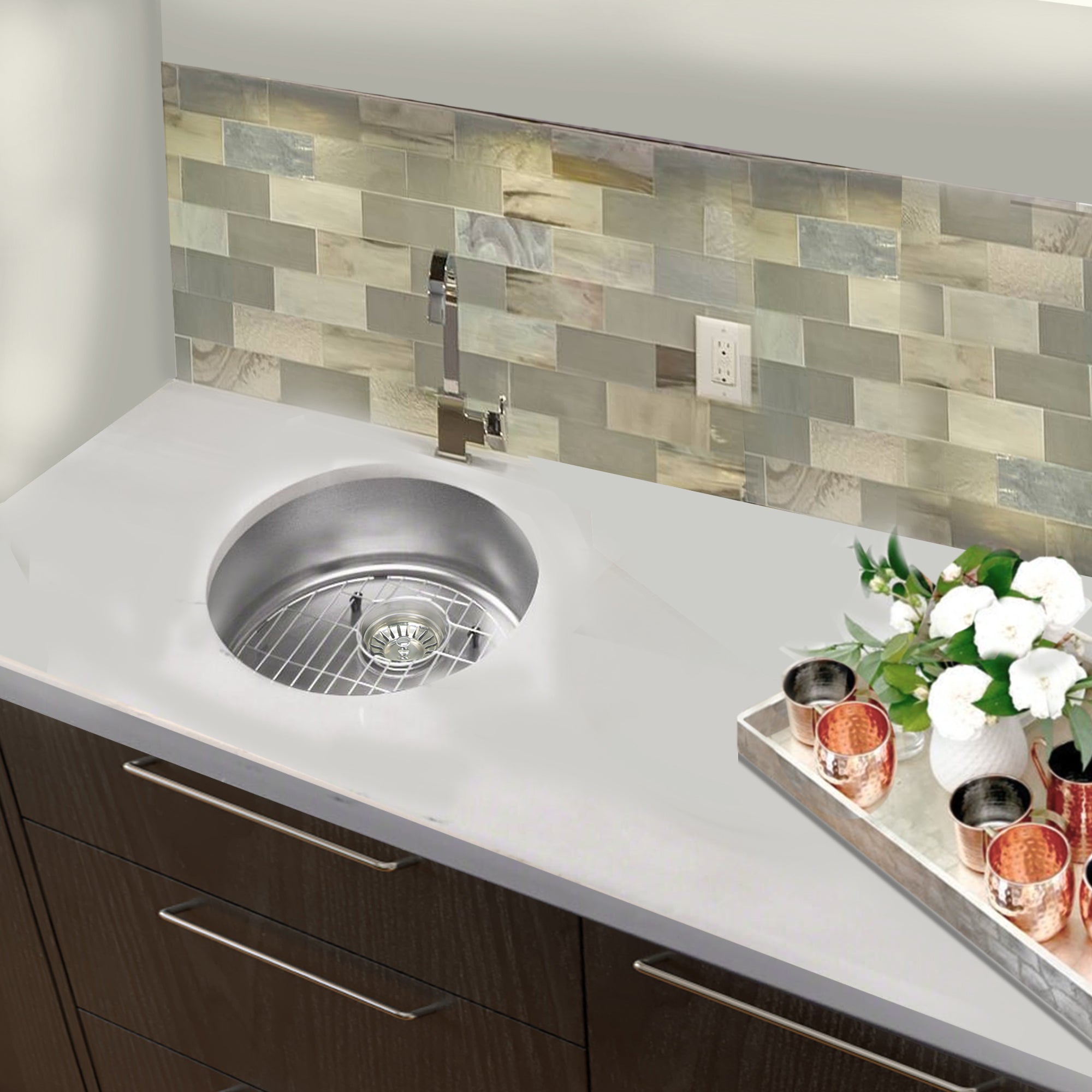 Nantucket Sinks Quidnet 18" Round 304 Stainless Steel Bar/Prep Sink with Accessories, NS37