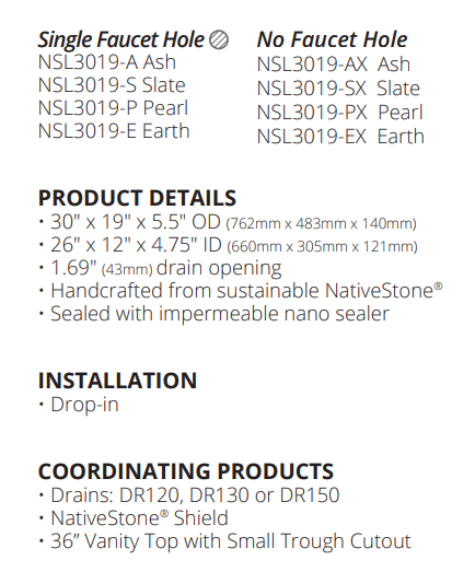 Native Trails Trough 30" Rectangle NativeStone Concrete Bathroom Sink, 1 Faucet Hole, Pearl, NSL3019-P