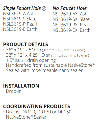 Native Trails Trough 36" Rectangle NativeStone Concrete Bathroom Sink, 1 Faucet Hole, Charcoal, NSL3619-C