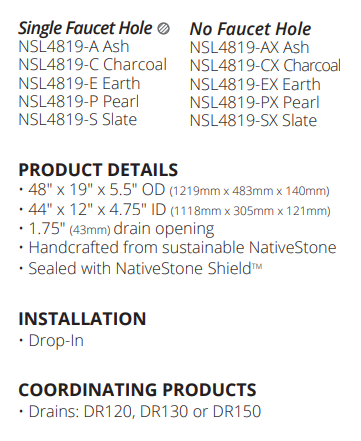 Native Trails Trough 48" Rectangle NativeStone Concrete Bathroom Sink, 2 Faucet Holes, Pearl, NSL4819-P
