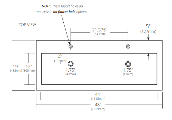 Native Trails Trough 48" Rectangle NativeStone Concrete Bathroom Sink, 2 Faucet Holes, Pearl, NSL4819-P