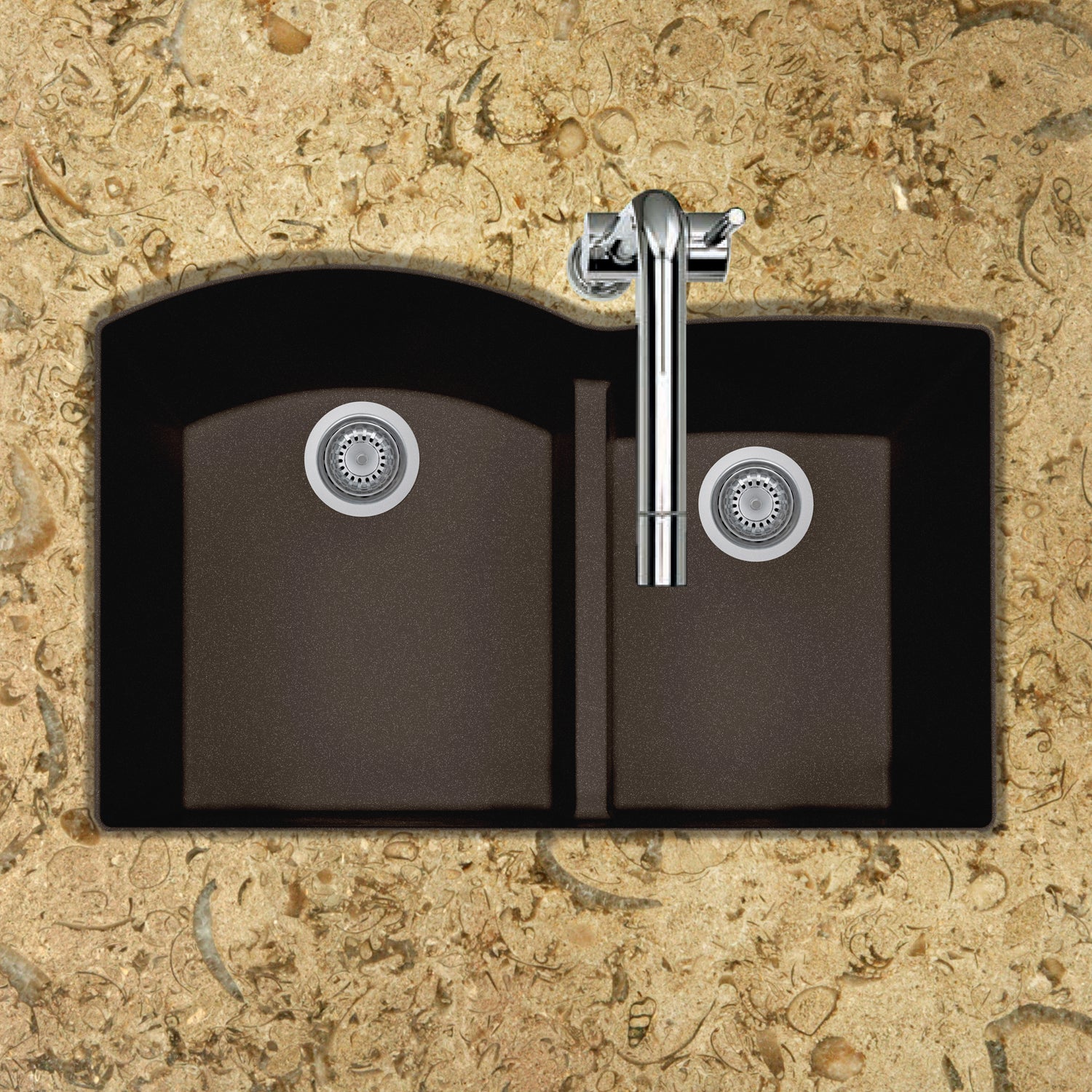 Houzer Quartztone 33" Undermount Granite Kitchen Sink, 60/40 Double Bowl, Mocha, P-175U Mocha