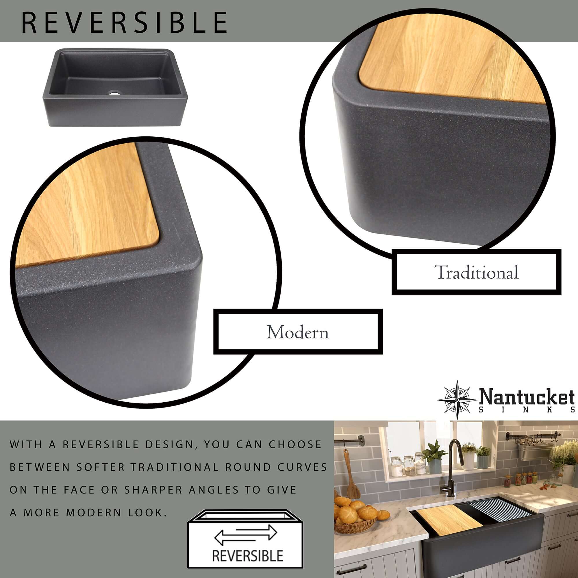 Nantucket Sinks Rockport 33" Granite Composite Workstation Farmhouse Sink with Accessories, Titanium, PR3320-APS-TI