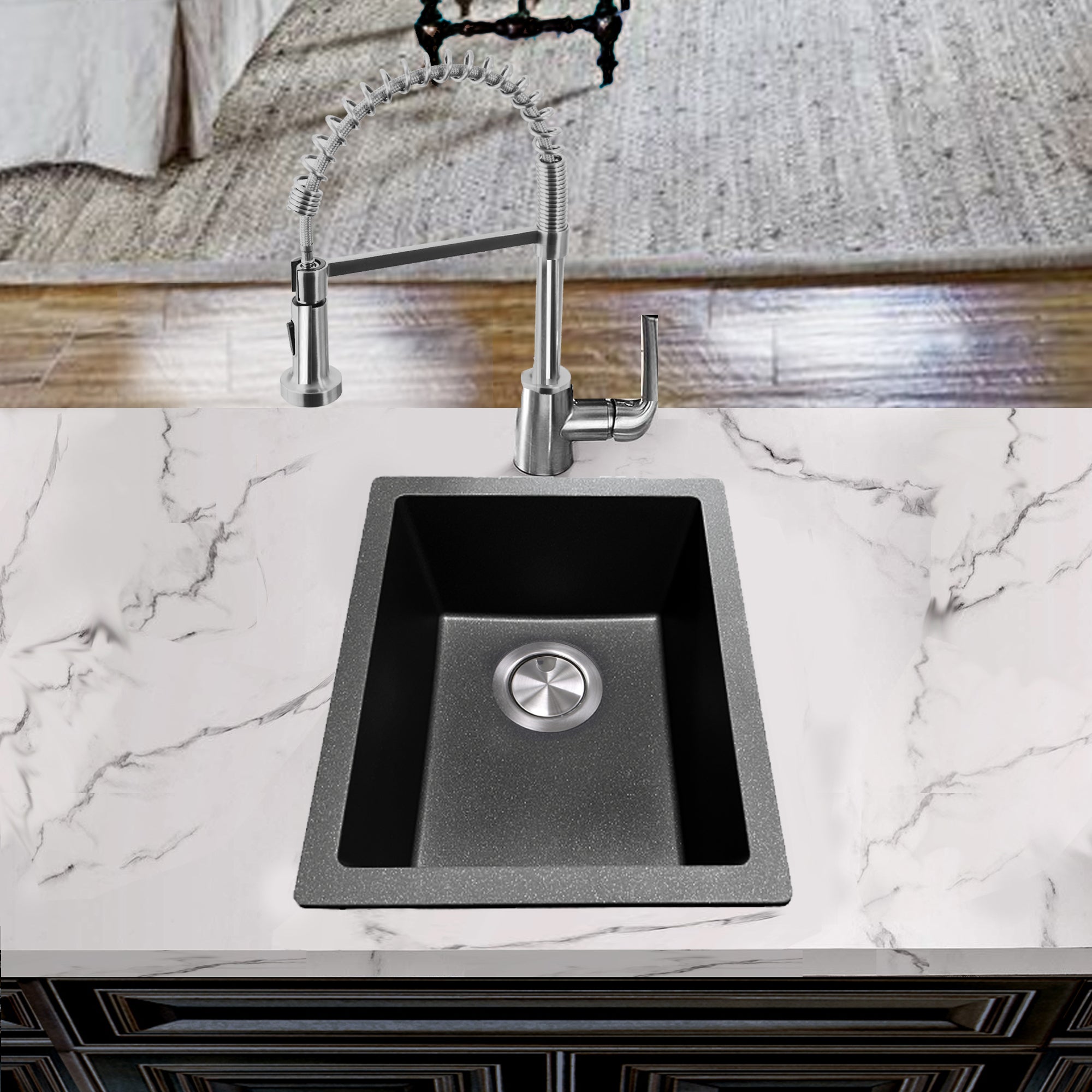 Nantucket Sinks Rockport 15" Rectangle Granite Composite Bar/Kitchen Sink with Accessories, Black, PR1815-BL