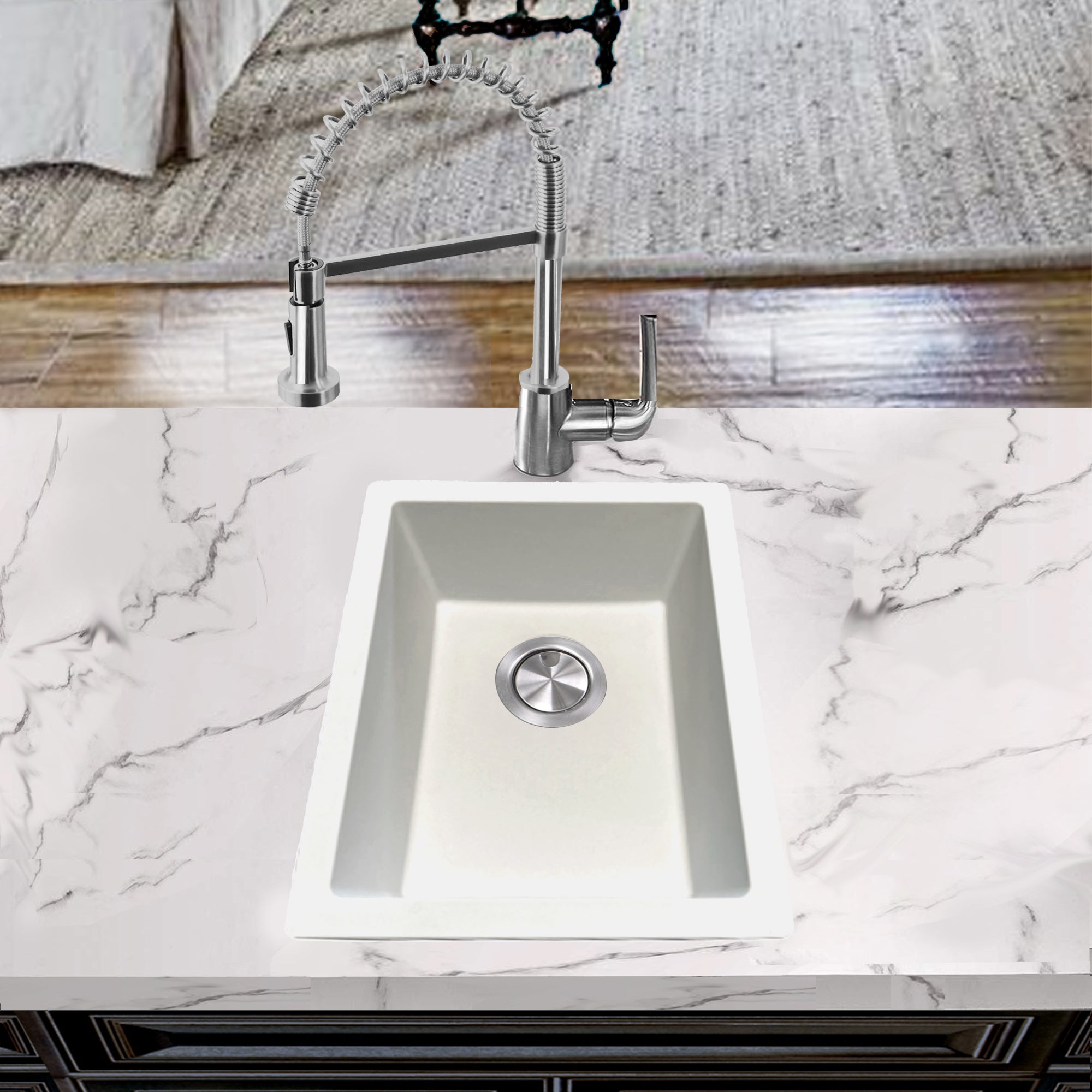 Nantucket Sinks Rockport 15" Rectangle Granite Composite Bar/Kitchen Sink with Accessories, White, PR1815-W