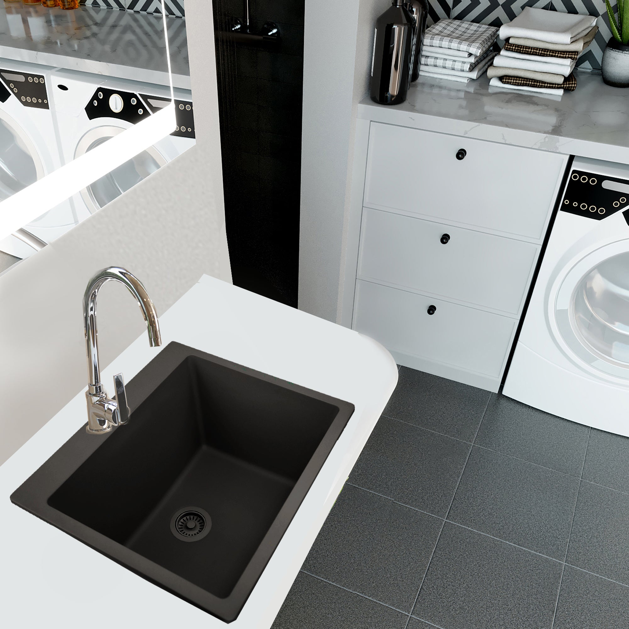 Nantucket Sinks Rockport 25" Dual Mount Granite Composite Laundry Sink, Black, PR2522-DM-BL