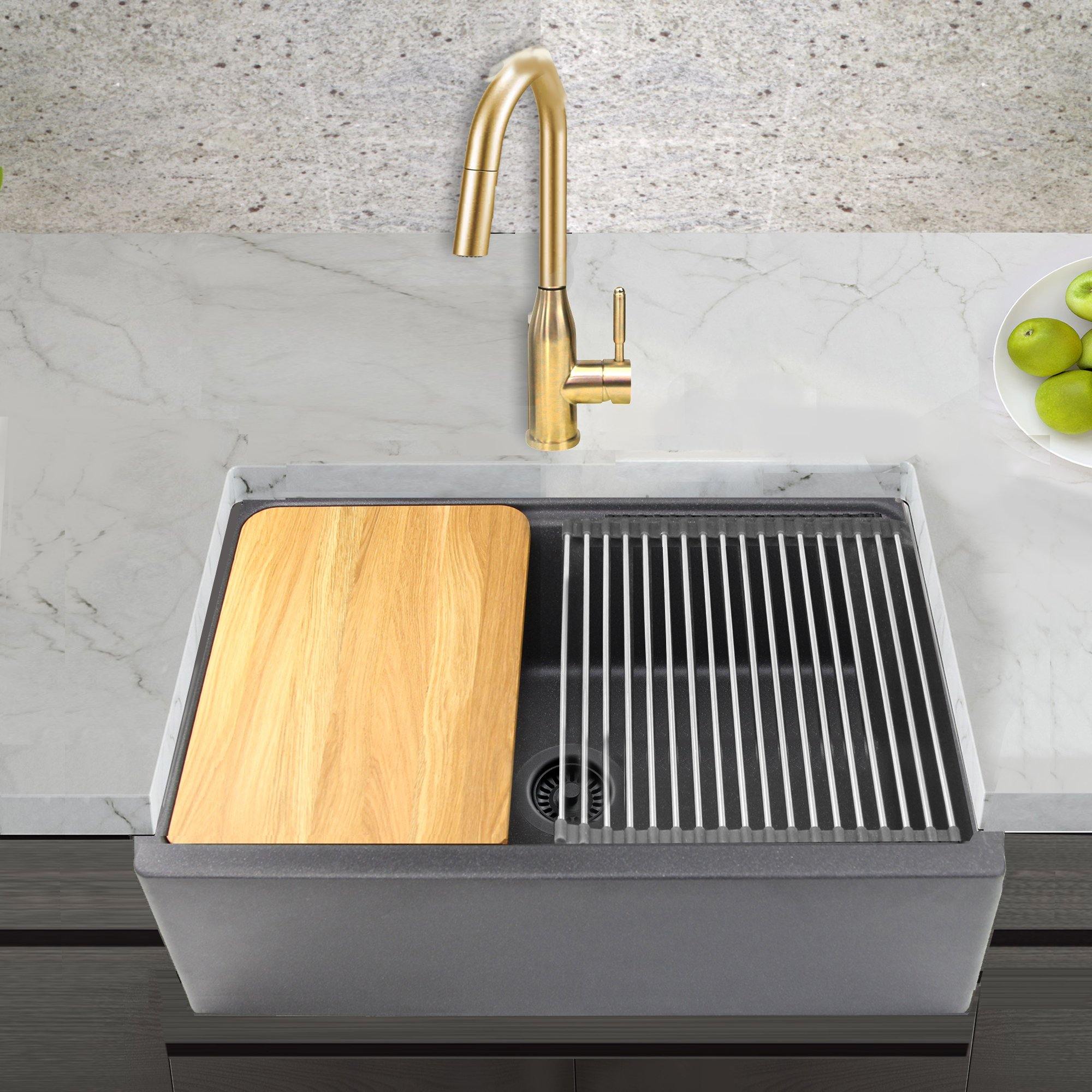 Nantucket Sinks Plymouth 30" Granite Composite Workstation Farmhouse Sink with Accessories, Black, PR3020-APS-BL - The Sink Boutique