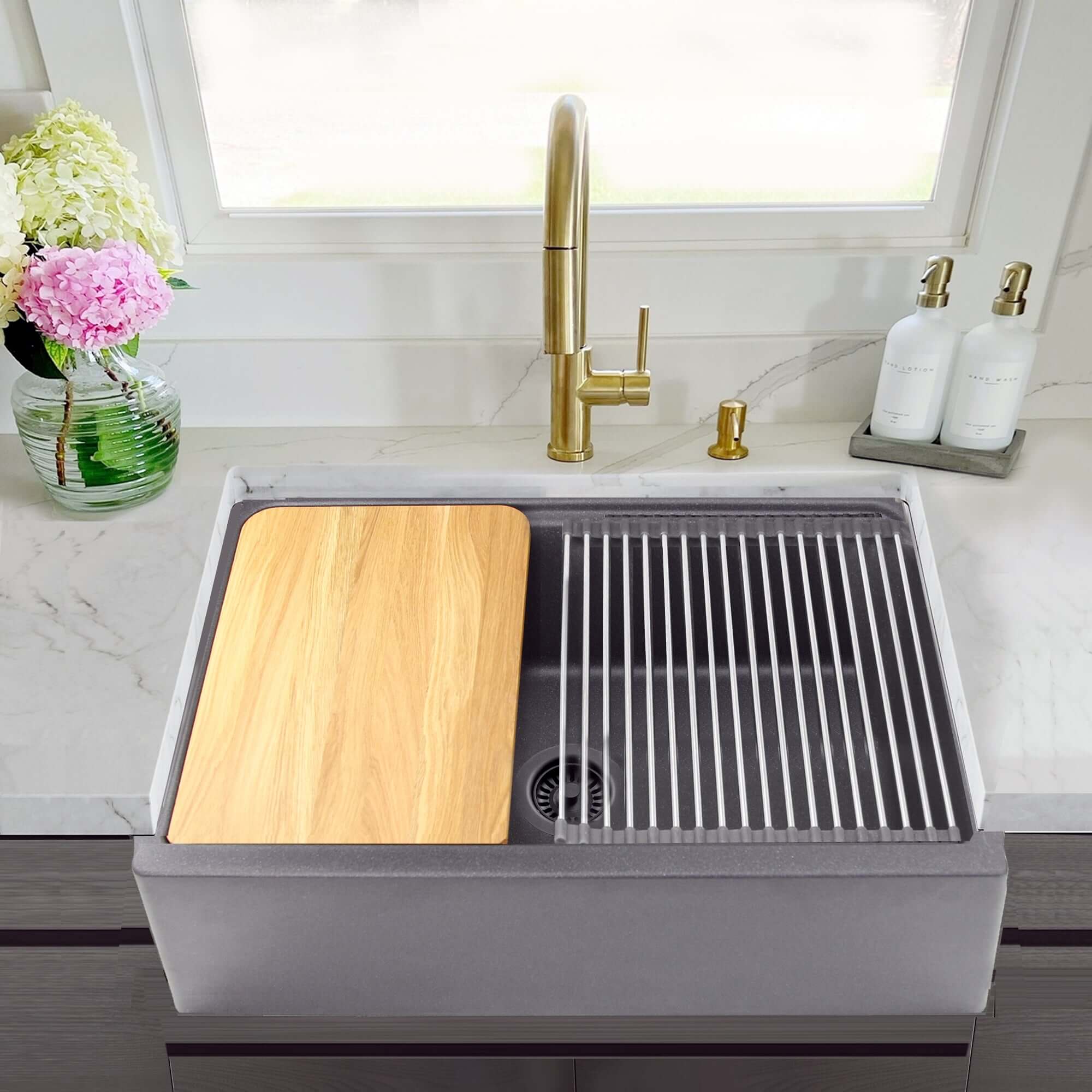 Nantucket Sinks Rockport 30" Granite Composite Workstation Farmhouse Sink with Accessories, Titanium, PR3020-APS-TI