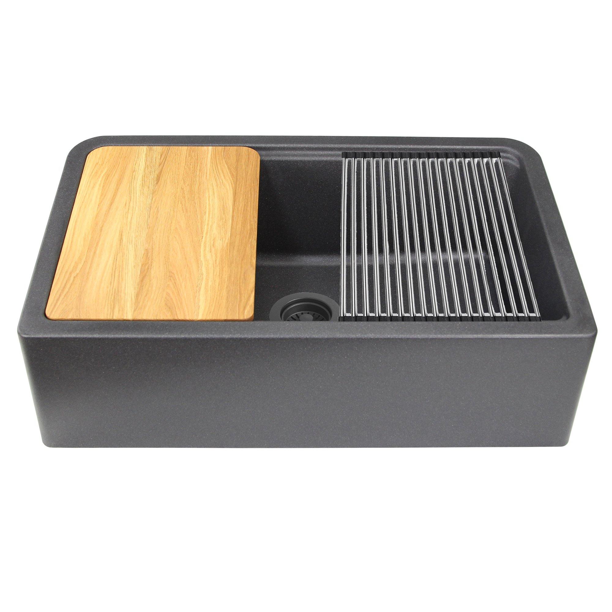 Nantucket Sinks Plymouth 33" Granite Composite Workstation Farmhouse Sink with Accessories, Black, PR3320-APS-BL - The Sink Boutique