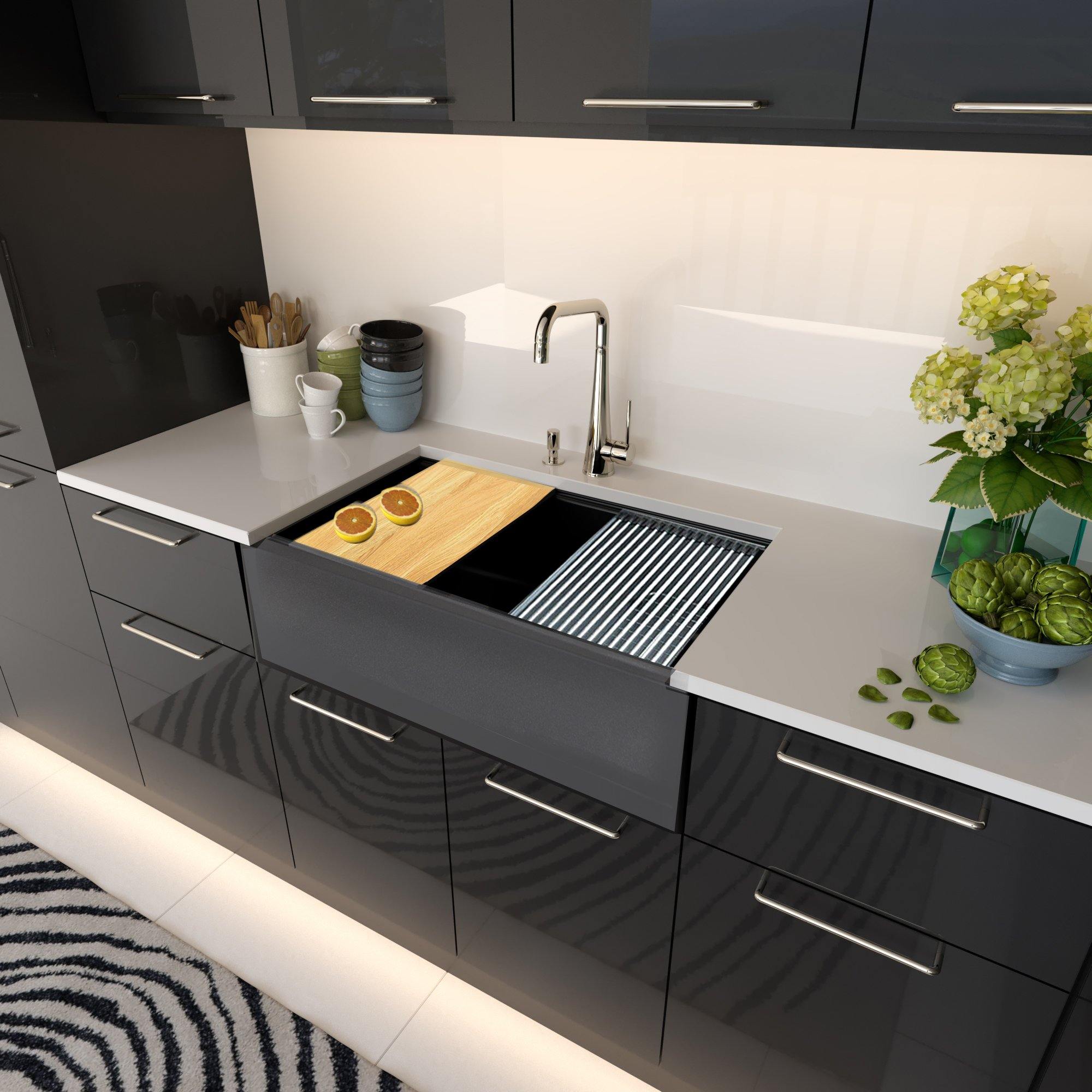 Nantucket Sinks Plymouth 33" Granite Composite Workstation Farmhouse Sink with Accessories, Black, PR3320-APS-BL - The Sink Boutique