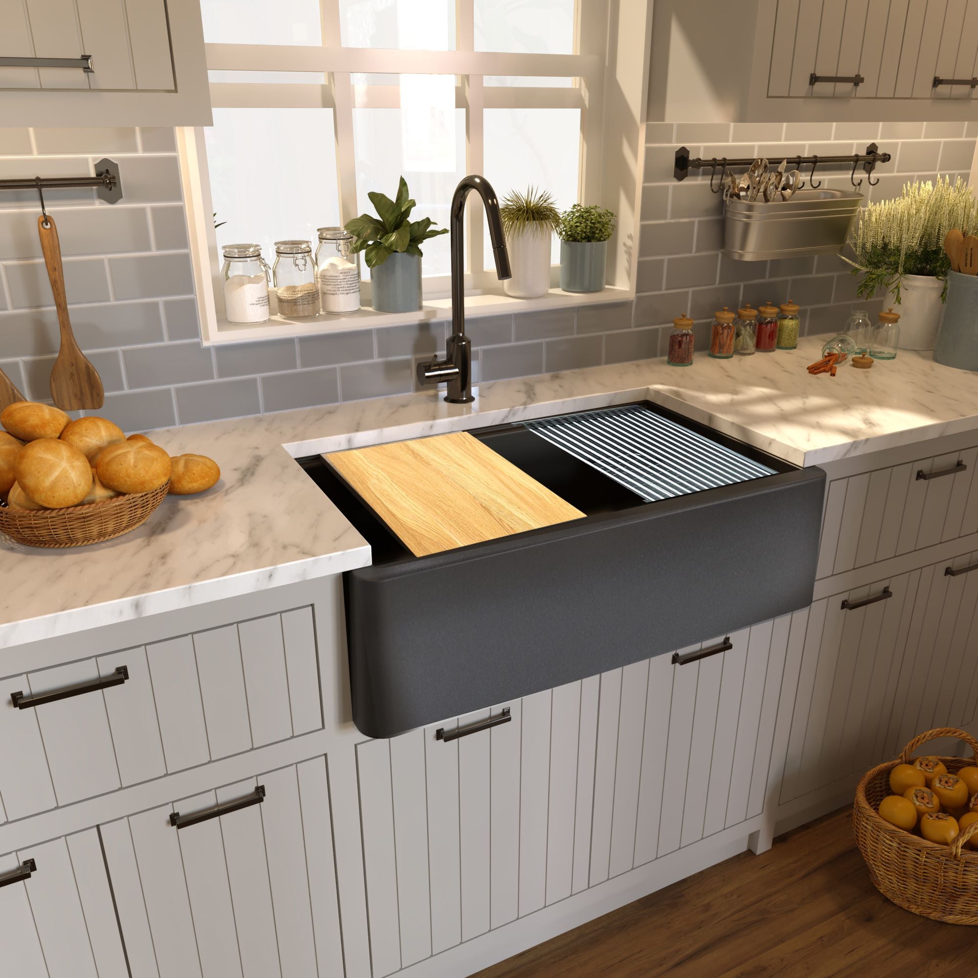 Nantucket Sinks Rockport 33" Granite Composite Workstation Farmhouse Sink with Accessories, Black, PR3320-APS-BL