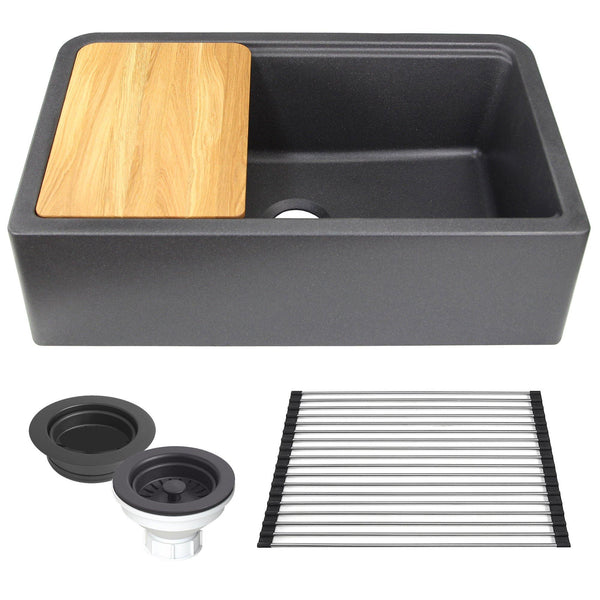 Nantucket Sinks Plymouth 33" Granite Composite Workstation Farmhouse Sink with Accessories, Black, PR3320-APS-BL