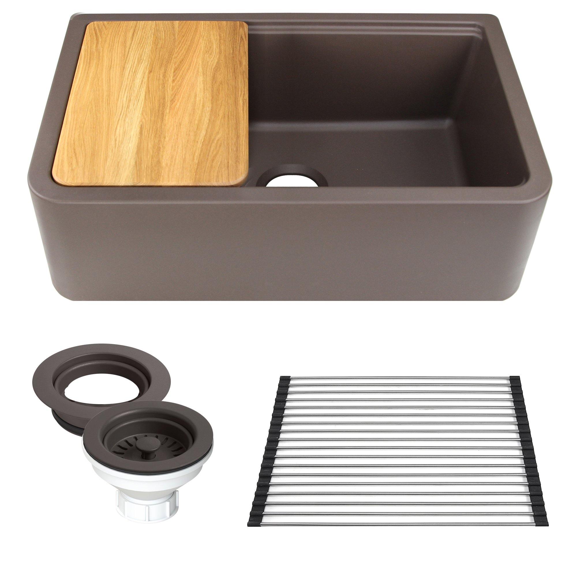Nantucket Sinks Plymouth 33" Granite Composite Workstation Farmhouse Sink with Accessories, Brown, PR3320-APS-BR - The Sink Boutique