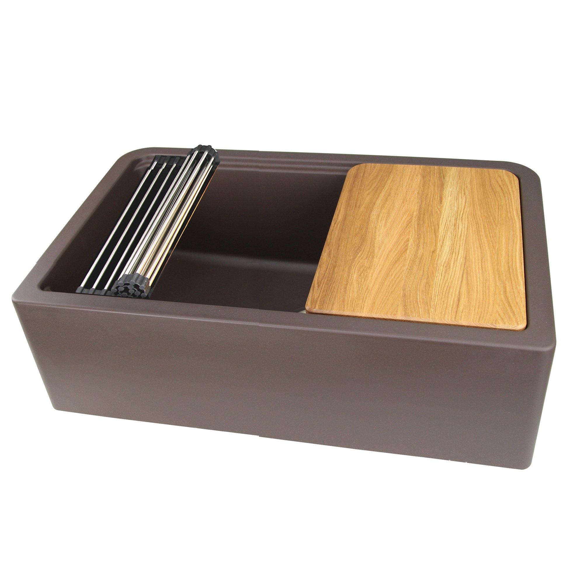 Nantucket Sinks Plymouth 33" Granite Composite Workstation Farmhouse Sink with Accessories, Brown, PR3320-APS-BR - The Sink Boutique