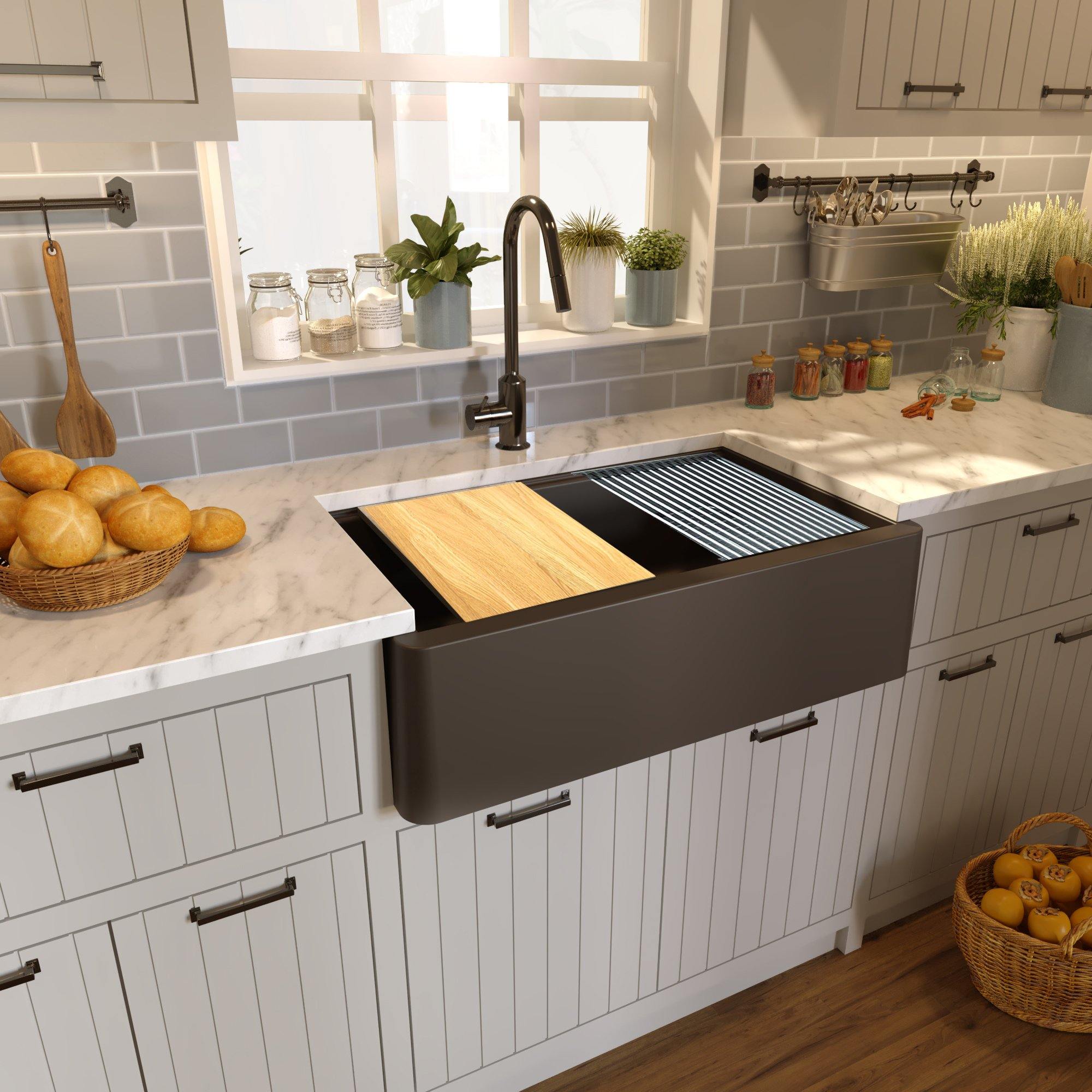 Nantucket Sinks Plymouth 33" Granite Composite Workstation Farmhouse Sink with Accessories, Brown, PR3320-APS-BR - The Sink Boutique