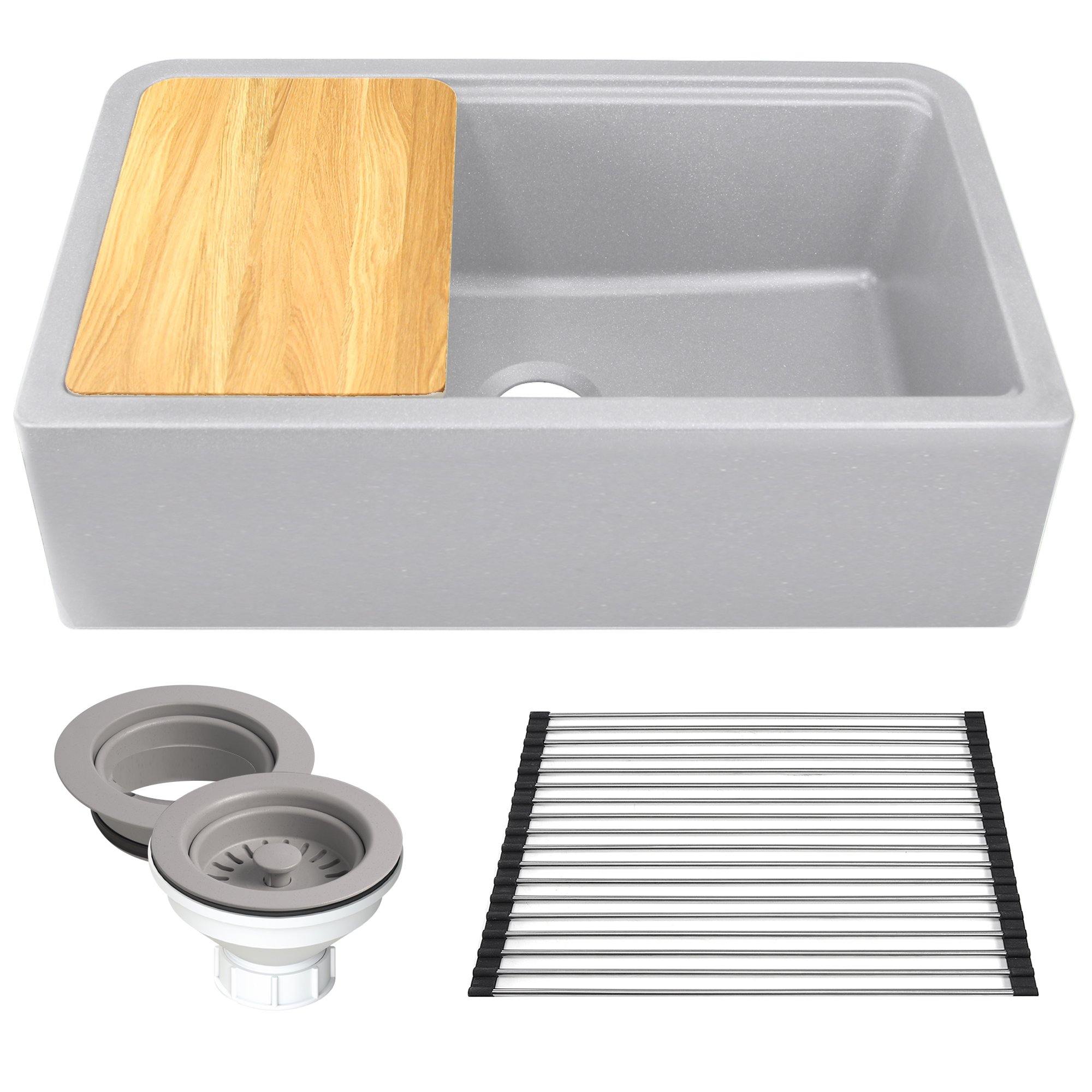 Nantucket Sinks Plymouth 33" Granite Composite Workstation Farmhouse Sink with Accessories, Light Grey, PR3320-APS-G - The Sink Boutique