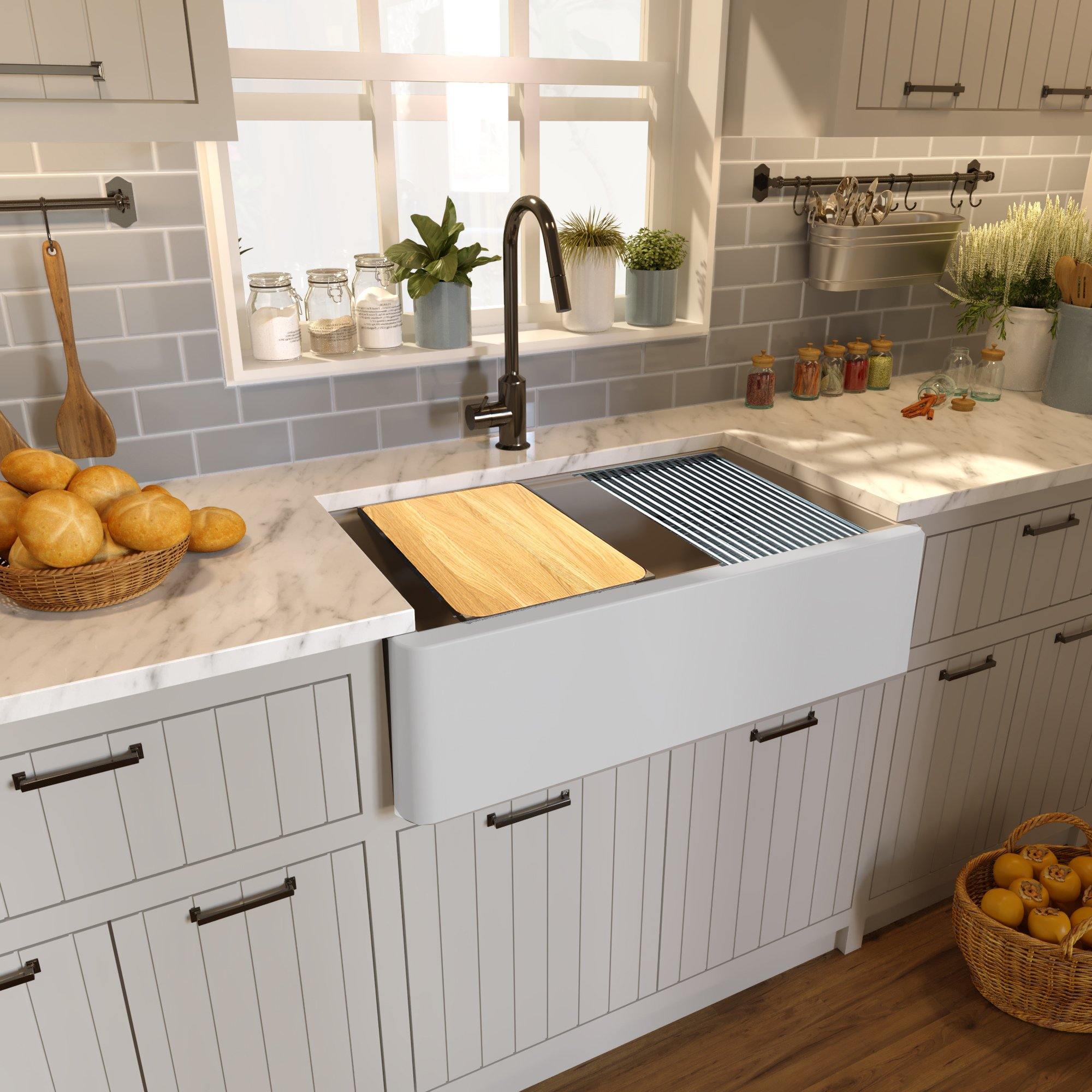 Nantucket Sinks Plymouth 33" Granite Composite Workstation Farmhouse Sink with Accessories, Light Grey, PR3320-APS-G - The Sink Boutique