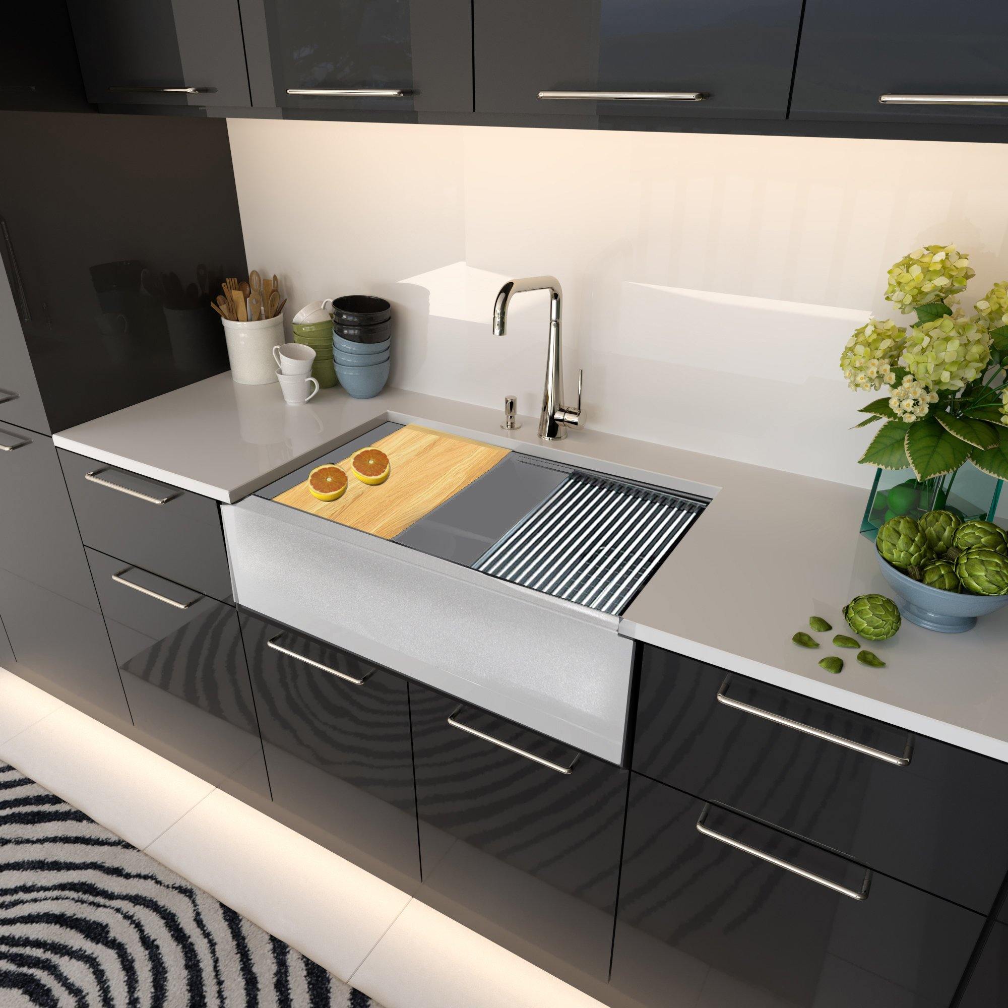 Nantucket Sinks Plymouth 33" Granite Composite Workstation Farmhouse Sink with Accessories, Light Grey, PR3320-APS-G