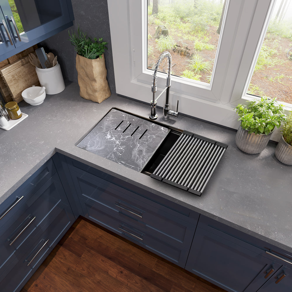 Nantucket Sinks Plymouth 34" Undermount Granite Composite Workstation Kitchen Sink with Accessories, Black, PR3419-NBL-UM