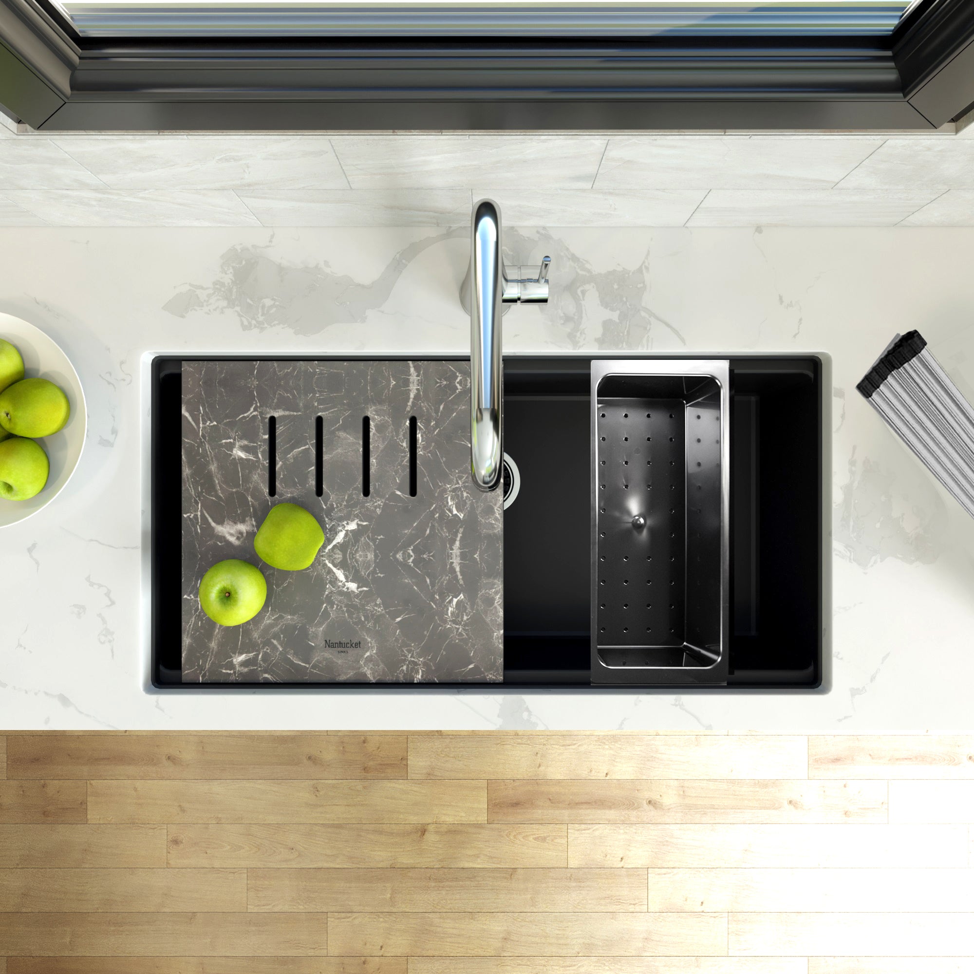 Nantucket Sinks Plymouth 34" Undermount Granite Composite Workstation Kitchen Sink with Accessories, Black, PR3419-NBL-UM