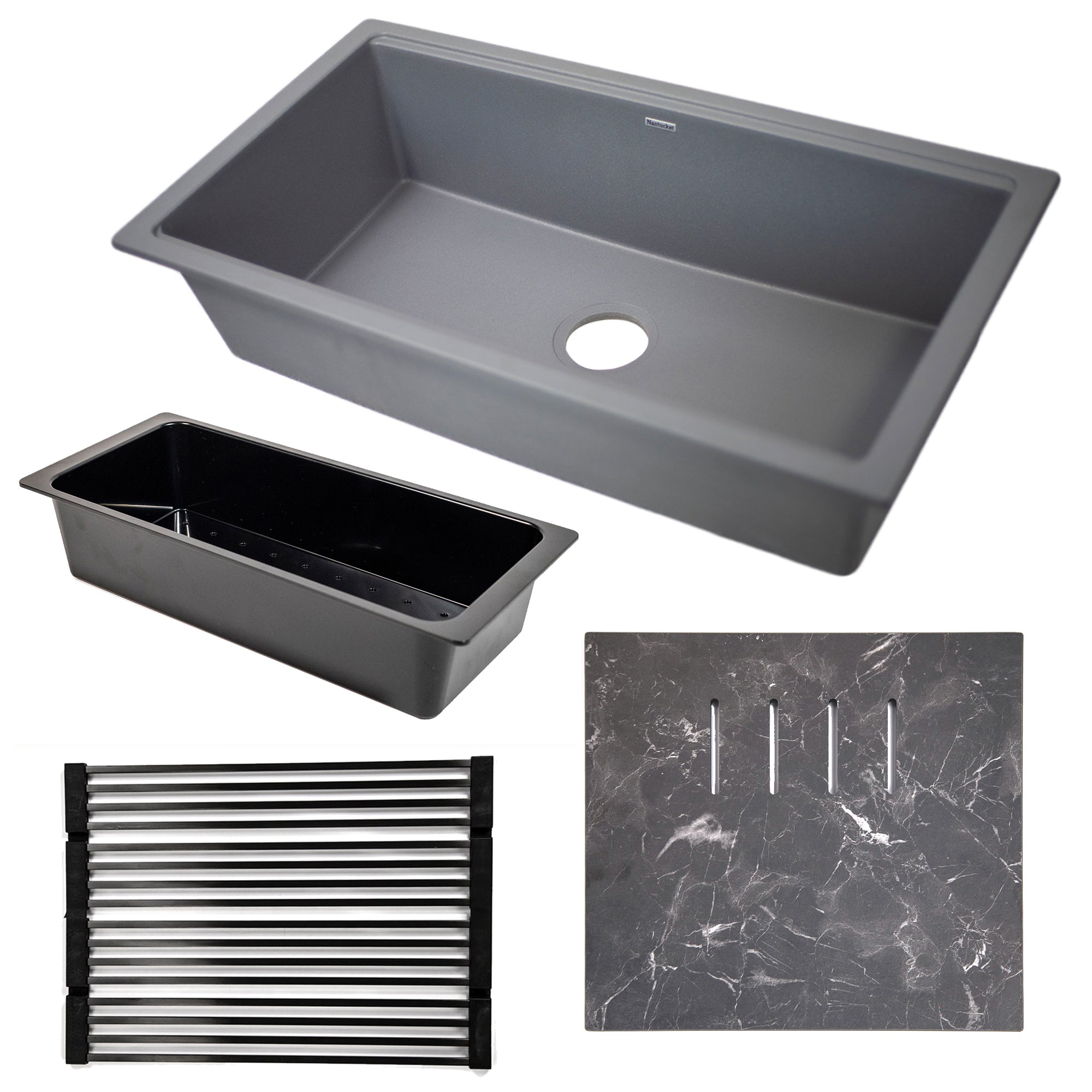 Nantucket Sinks Plymouth 34" Undermount Granite Composite Workstation Kitchen Sink with Accessories, Titanium Grey, PR3419-TI-UM