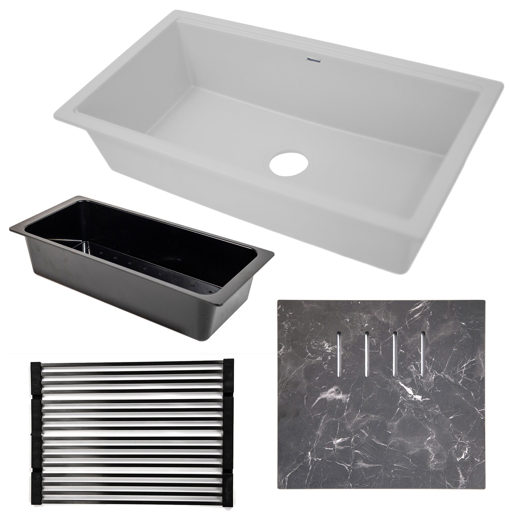 Nantucket Sinks Plymouth 34" Undermount Granite Composite Workstation Kitchen Sink with Accessories, White, PR3419-W-UM