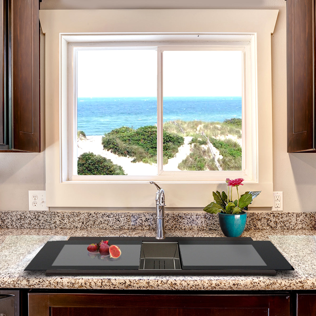 Nantucket Sinks Plymouth 34" Granite Composite Kitchen Sink, 50/50 Double Bowl, Brown, PR3420PS-BR - The Sink Boutique