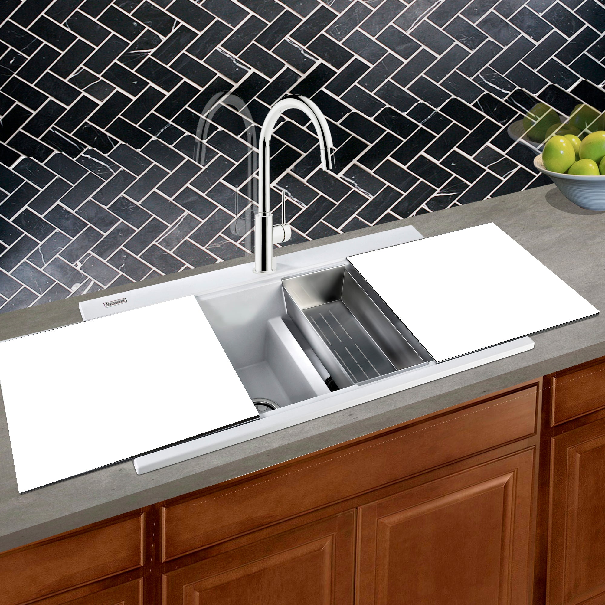 Nantucket Sinks Plymouth 34" Granite Composite Kitchen Sink, 50/50 Double Bowl, White, PR3420PS-W - The Sink Boutique