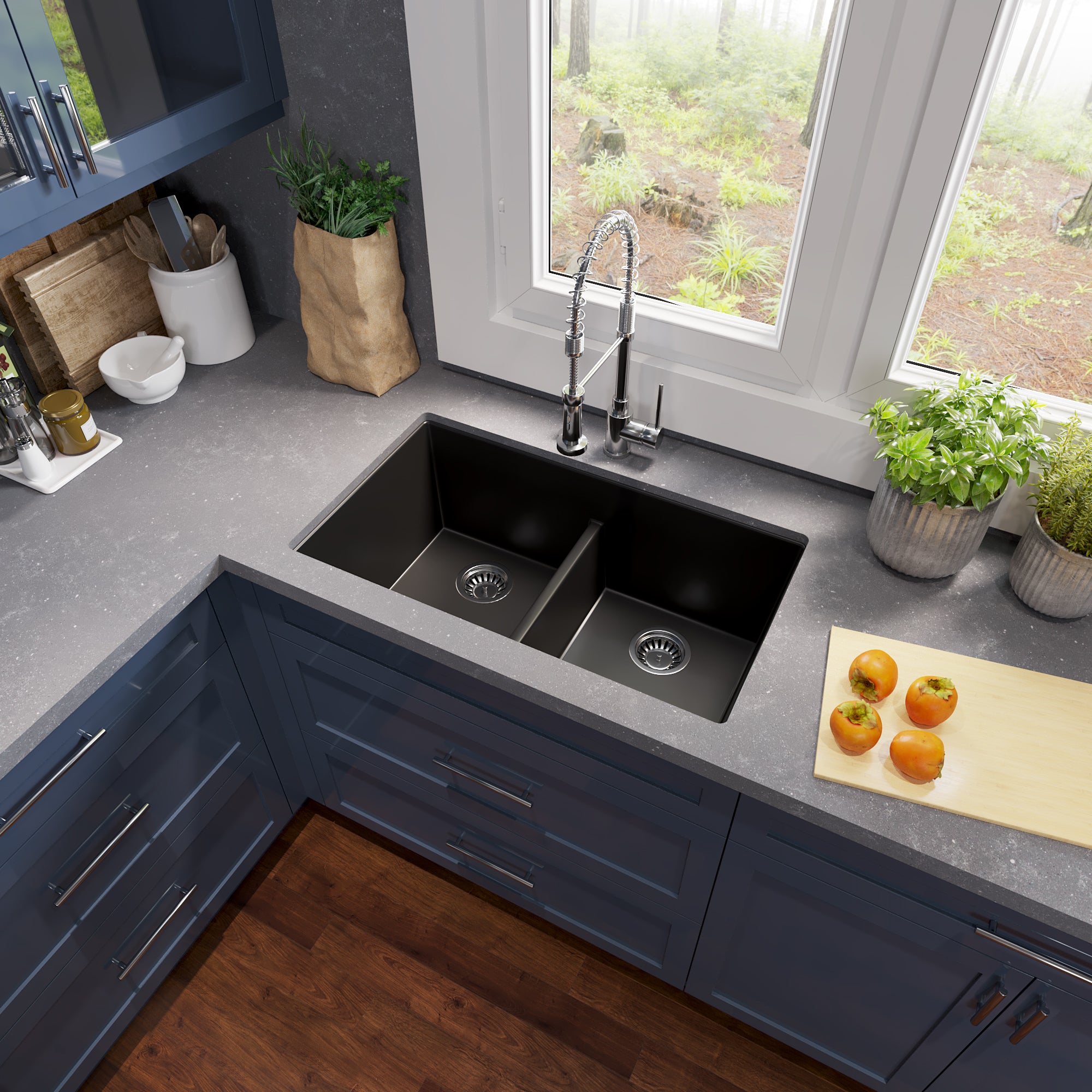 Nantucket Sinks Plymouth 33" Undermount Granite Composite Kitchen Sink, 50/50 Double Bowl, Black/metallic flecks, PR5050-LDBL