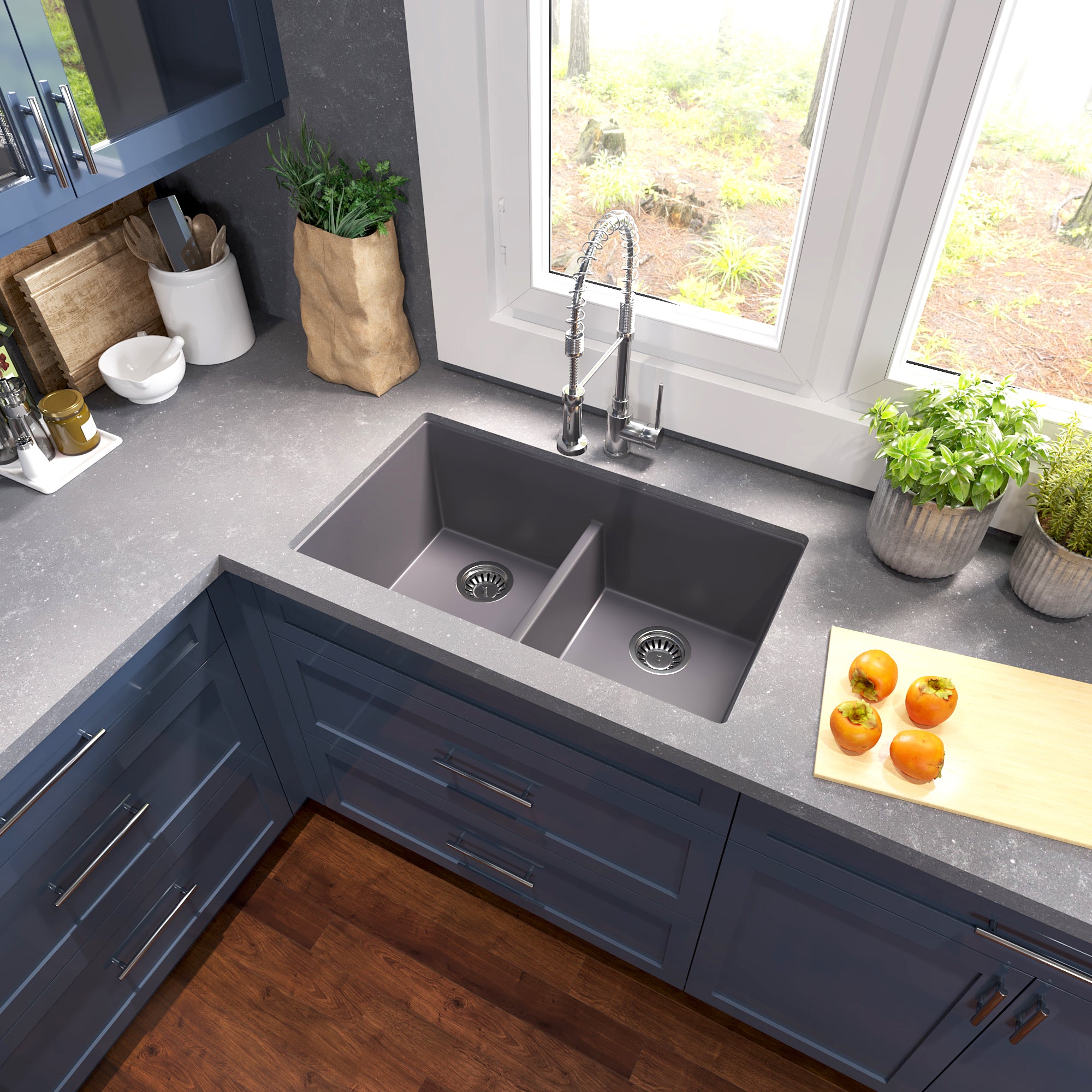 Nantucket Sinks Plymouth 33" Undermount Granite Composite Kitchen Sink, 50/50 Double Bowl, Titanium Grey/metallic flecks, PR5050-LDTI