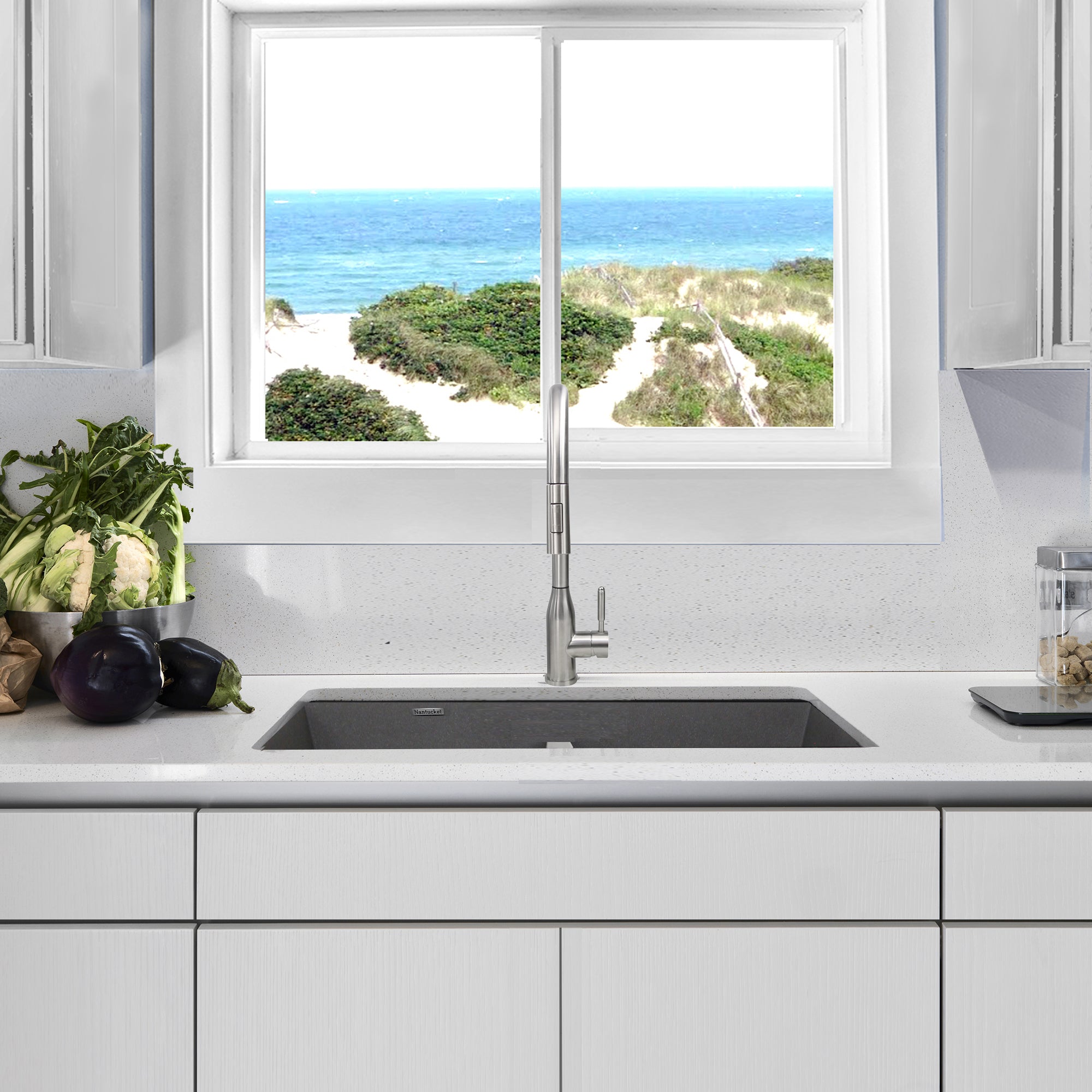 Nantucket Sinks Plymouth 33" Undermount Granite Composite Kitchen Sink, 50/50 Double Bowl, Titanium Grey/metallic flecks, PR5050-LDTI