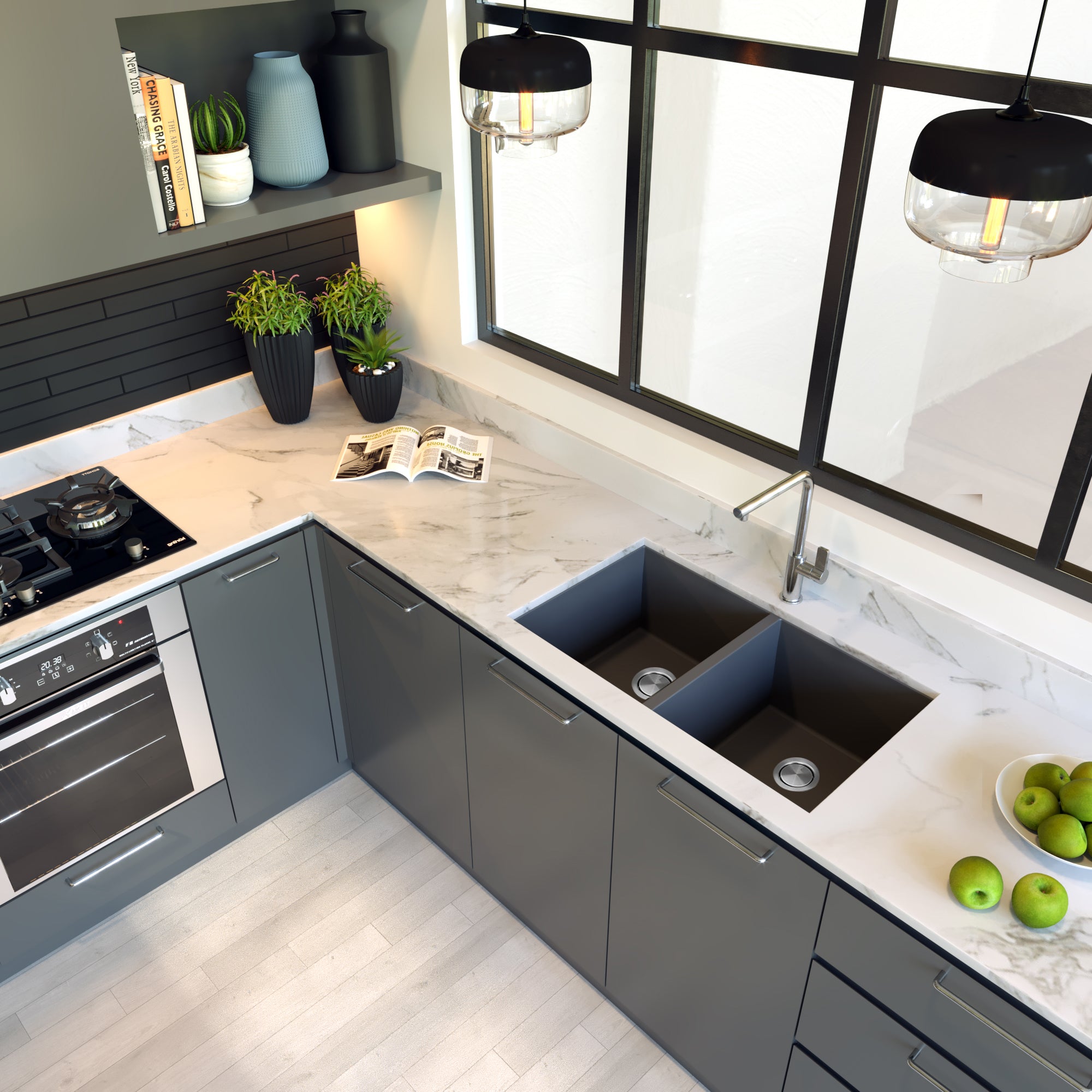 Alternate Image for Nantucket Sinks Plymouth 32" Granite Composite Kitchen Sink, 50/50 Double Bowl, Titanium, PR5050-TI-UM