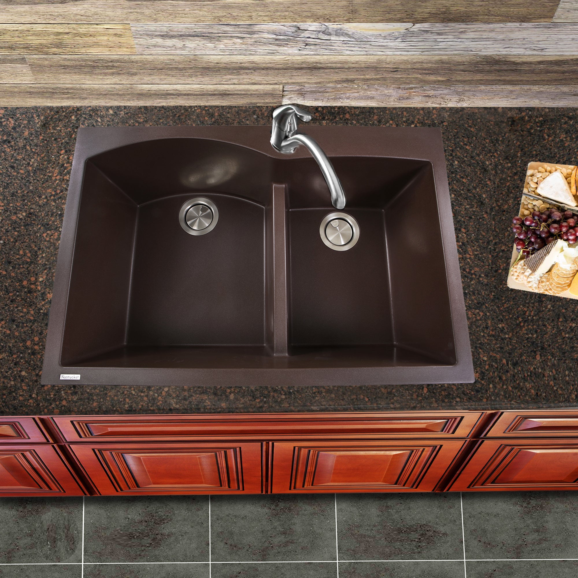 Nantucket Sinks Plymouth 33" Granite Composite Kitchen Sink, 60/40 Double Bowl, Brown, PR6040-BR - The Sink Boutique