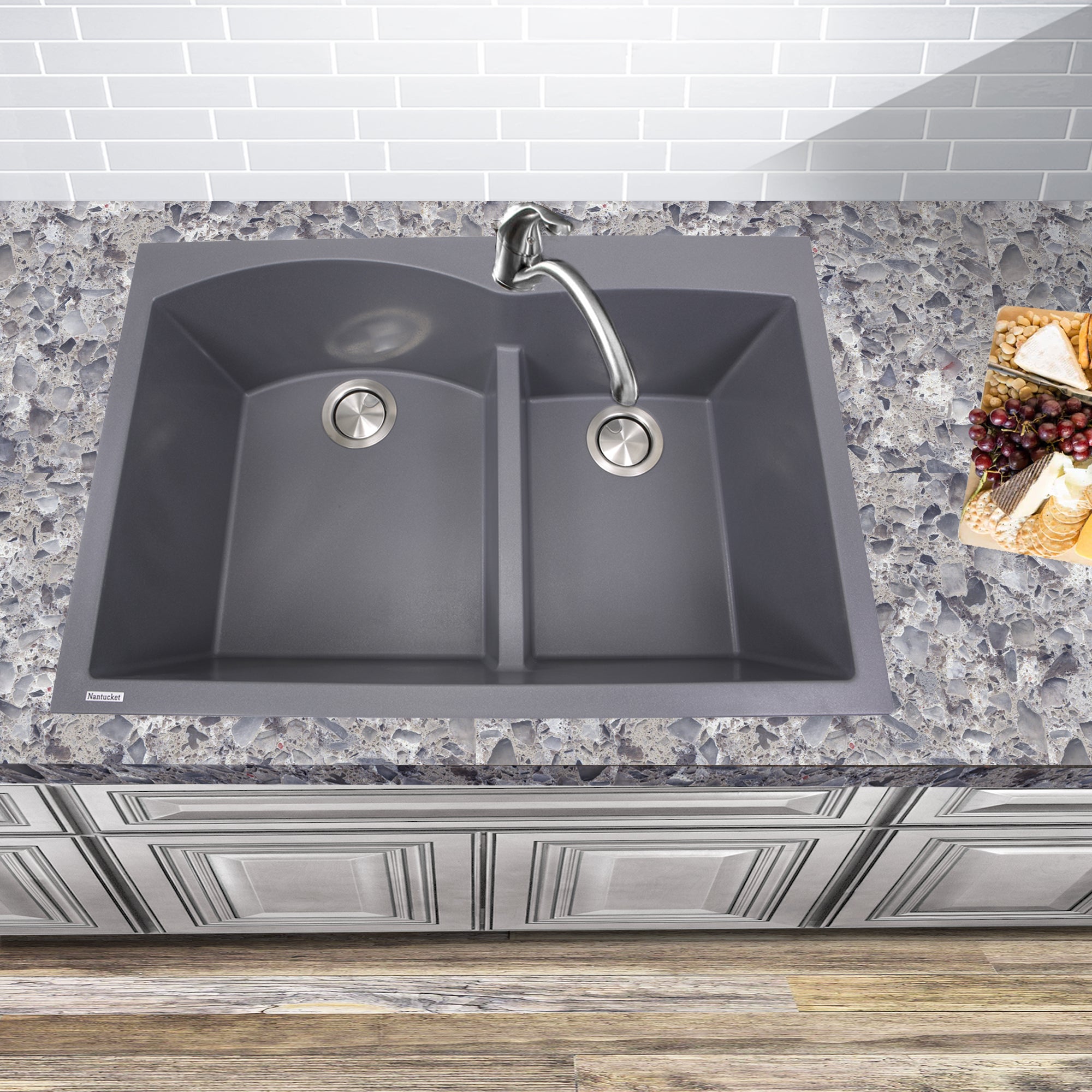 Nantucket Sinks Plymouth 33" Granite Composite Kitchen Sink, 60/40 Double Bowl, Titanium, PR6040-TI