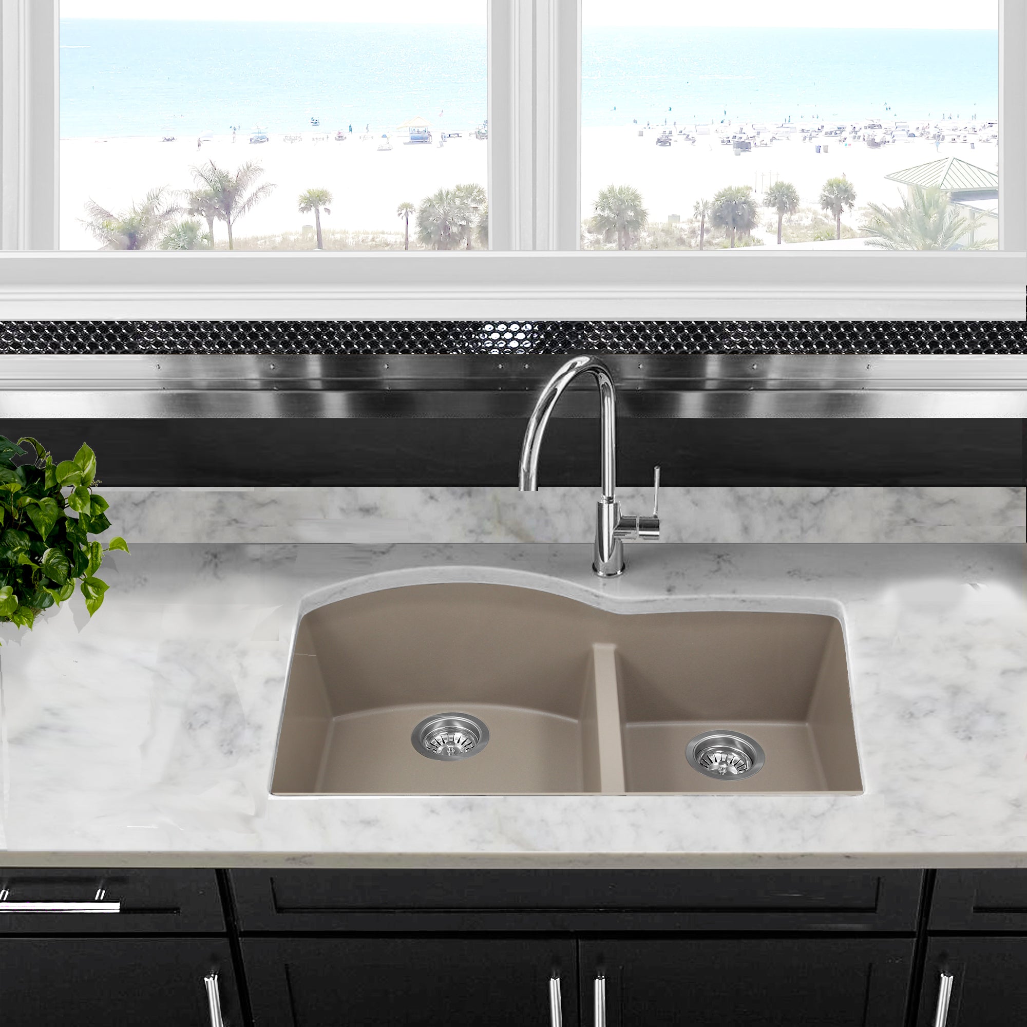 Nantucket Sinks Plymouth 33" Granite Composite Kitchen Sink, 60/40 Double Bowl, Truffle, PR6040-TR-UM - The Sink Boutique