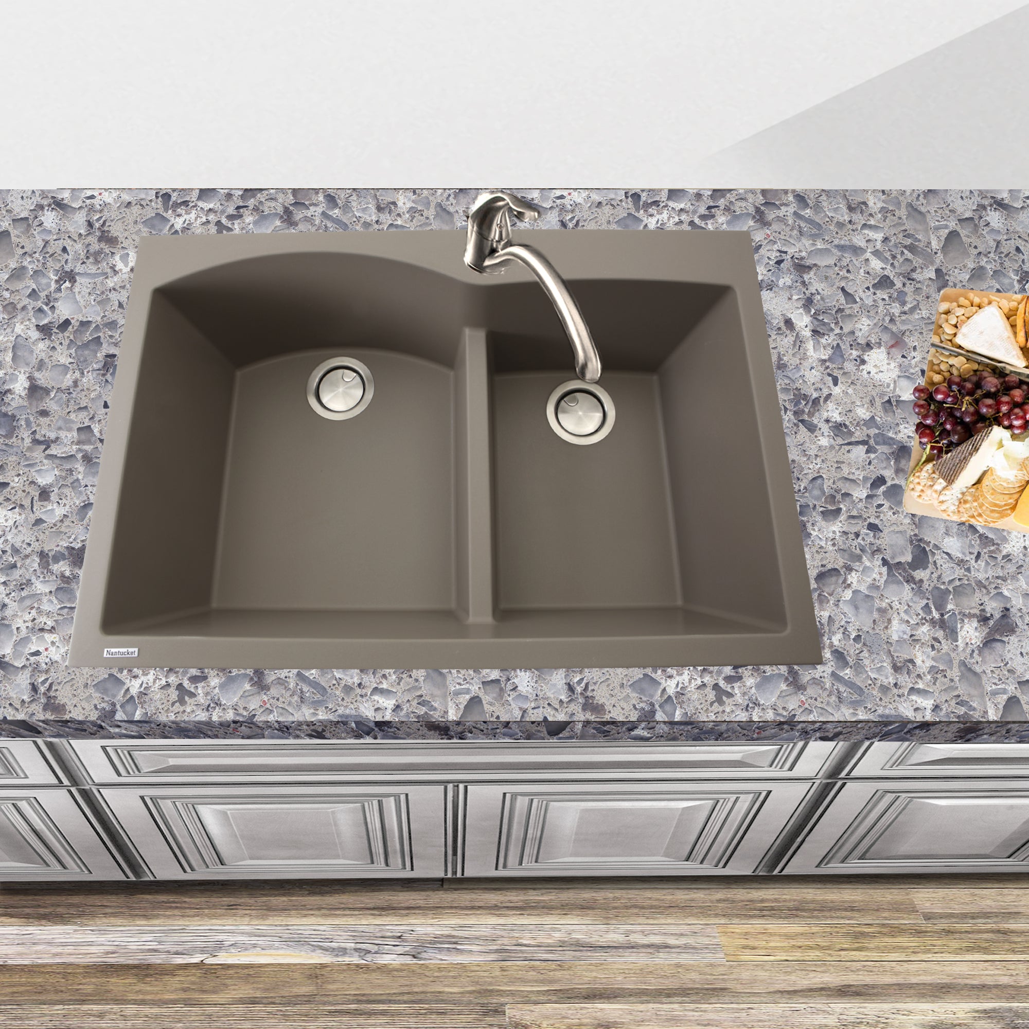 Nantucket Sinks Plymouth 33" Granite Composite Kitchen Sink, 60/40 Double Bowl, Truffle, PR6040-TR