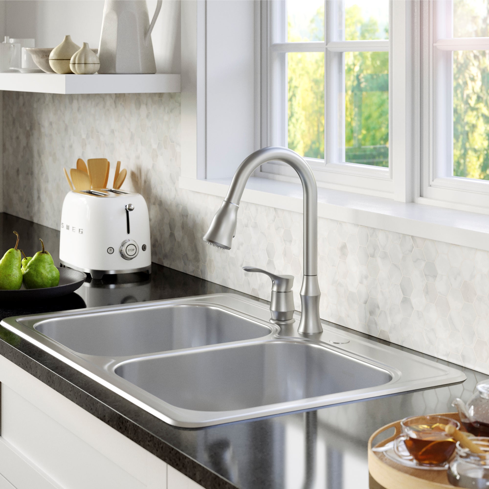 Karran Profile 33" Drop In/Topmount Stainless Steel Kitchen Sink with Accessories, 50/50 Double Bowl, 18 Gauge, PT35-PK1