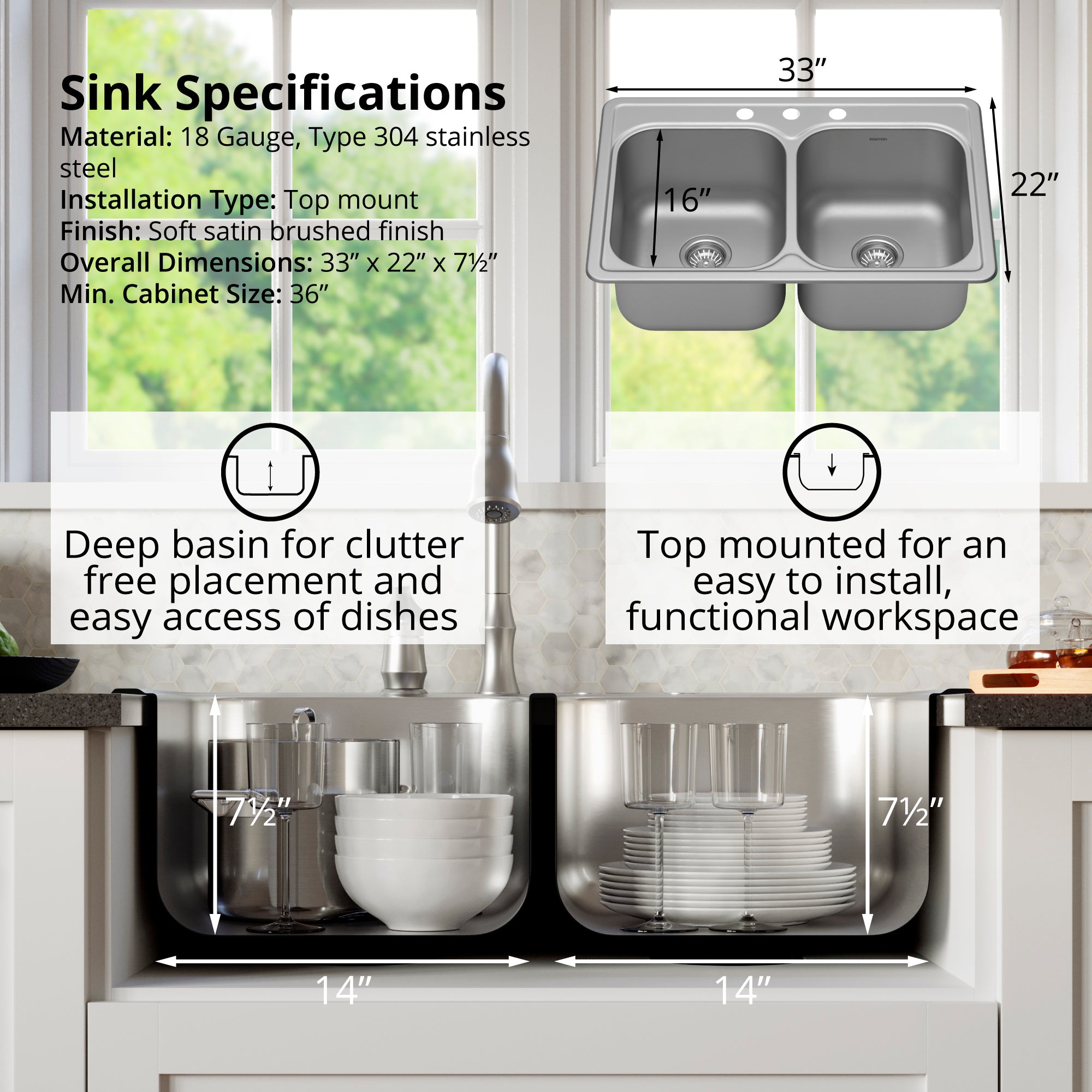 Karran Profile 33" Drop In/Topmount Stainless Steel Kitchen Sink with Accessories, 50/50 Double Bowl, 18 Gauge, PT35-PK1