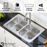Karran Profile 33" Drop In/Topmount Stainless Steel Kitchen Sink with Accessories, 50/50 Double Bowl, 18 Gauge, PT35-PK1