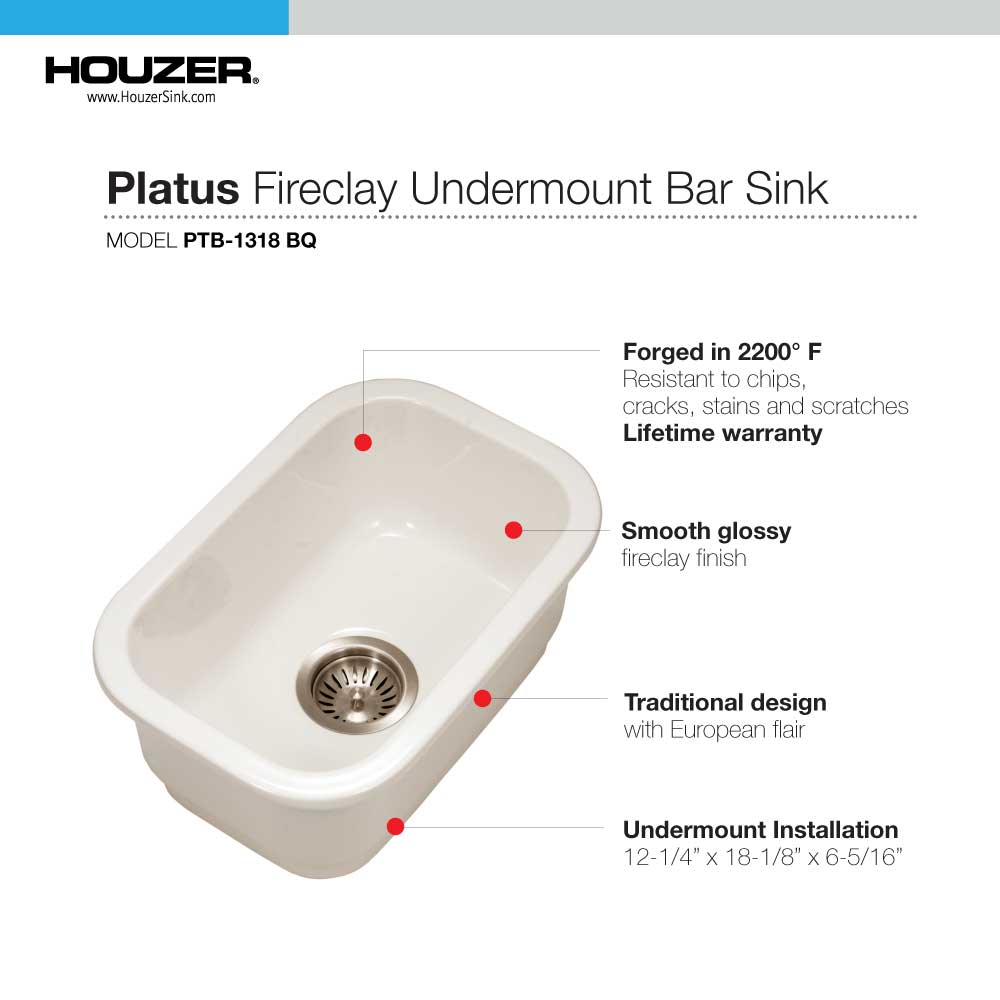 Houzer 12" Fireclay Undermount Bar Sink, Biscuit, Platus Series, PTB-1318 BQ - The Sink Boutique