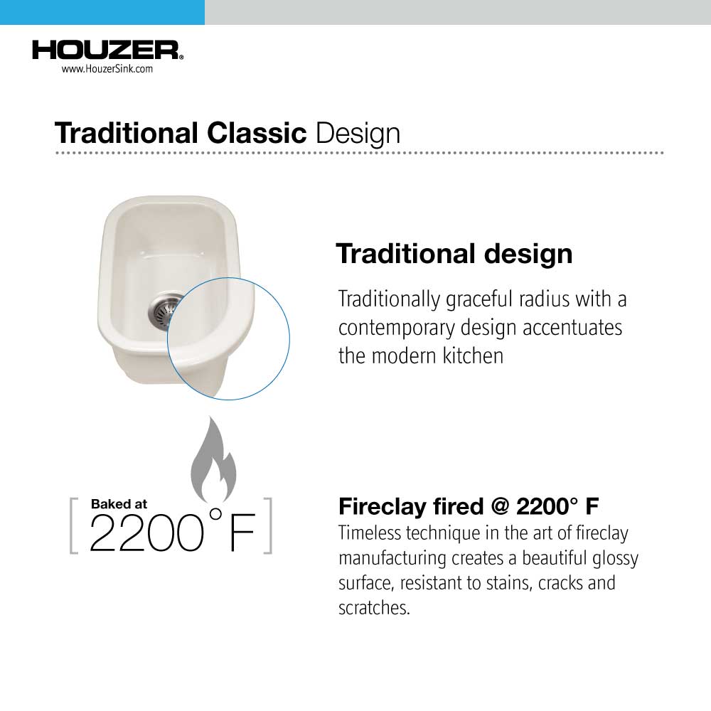 Houzer 12" Fireclay Undermount Bar Sink, Biscuit, Platus Series, PTB-1318 BQ - The Sink Boutique