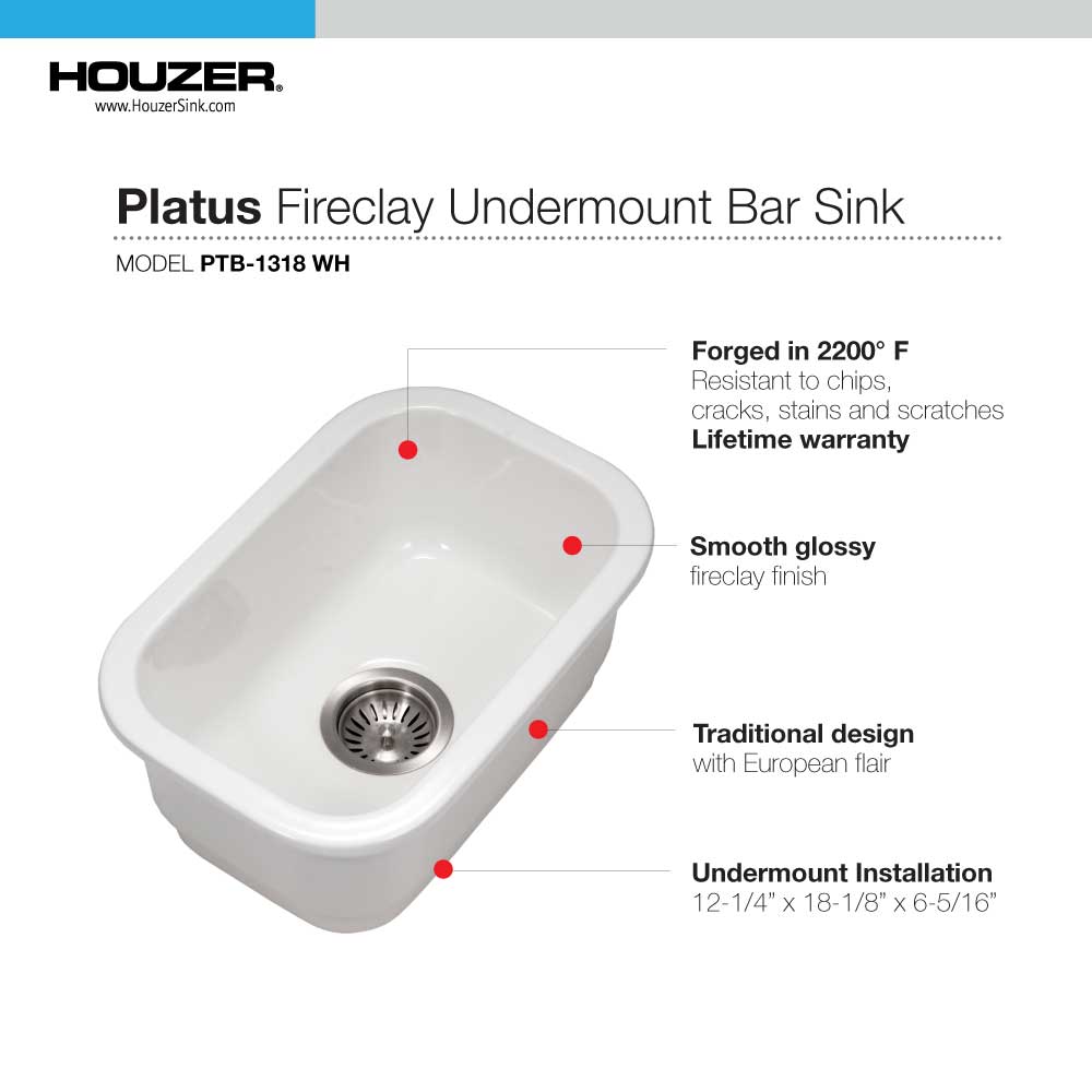 Houzer 12" Fireclay Undermount Bar Sink, White, Platus Series, PTB-1318 WH - The Sink Boutique