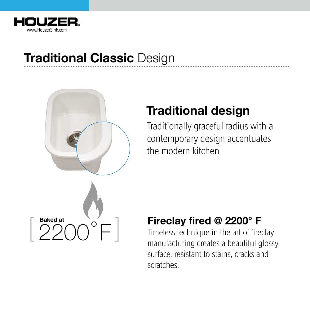 Houzer 12" Fireclay Undermount Bar Sink, White, Platus Series, PTB-1318 WH - The Sink Boutique