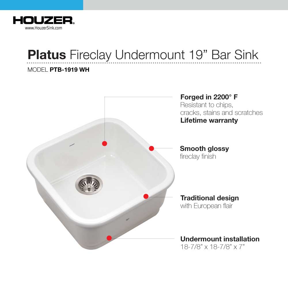 Houzer 19" Fireclay Undermount Bar Sink, White, Platus Series, PTB-1919 WH - The Sink Boutique