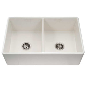 Alternate Image for Houzer 33" Fireclay 50/50 Double Bowl Farmhouse Kitchen Sink, Biscuit, Platus Series, PTD-4400 BQ
