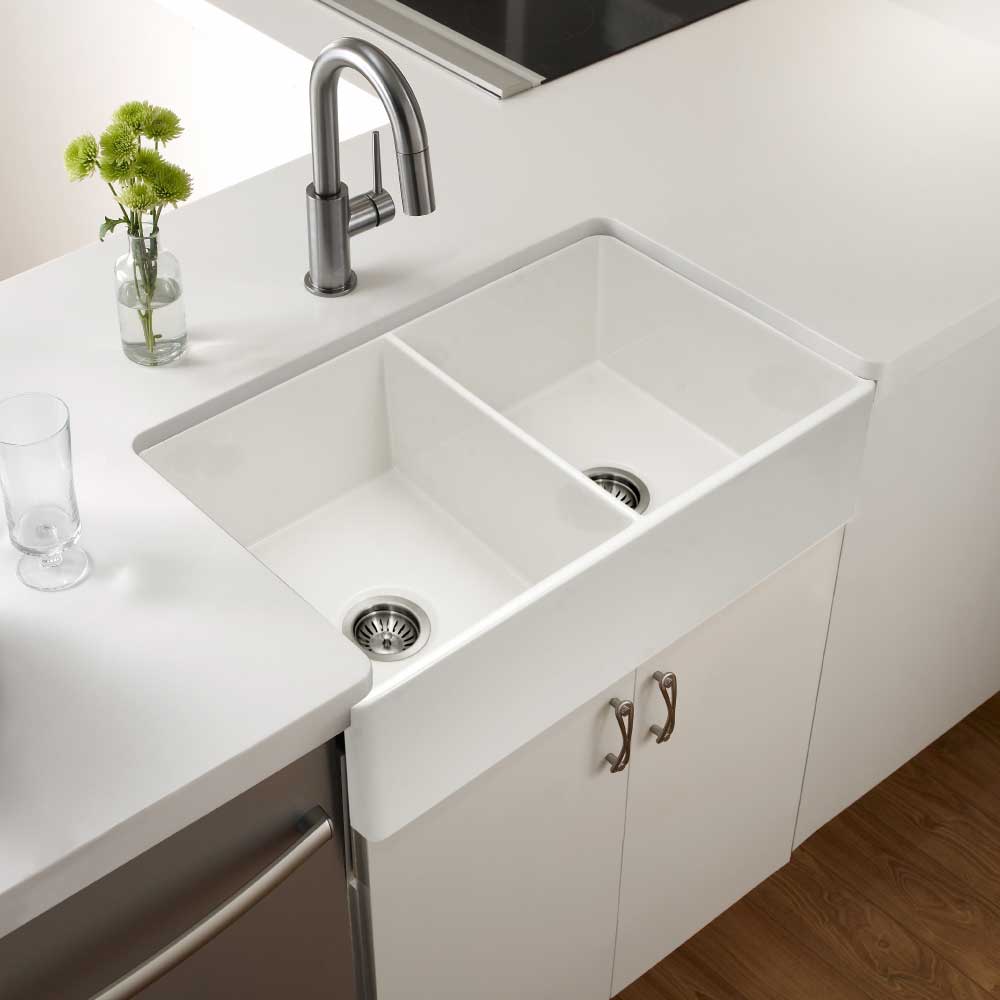 Houzer 33" Fireclay 50/50 Double Bowl Farmhouse Kitchen Sink, Biscuit, Platus Series, PTD-4400 BQ - The Sink Boutique