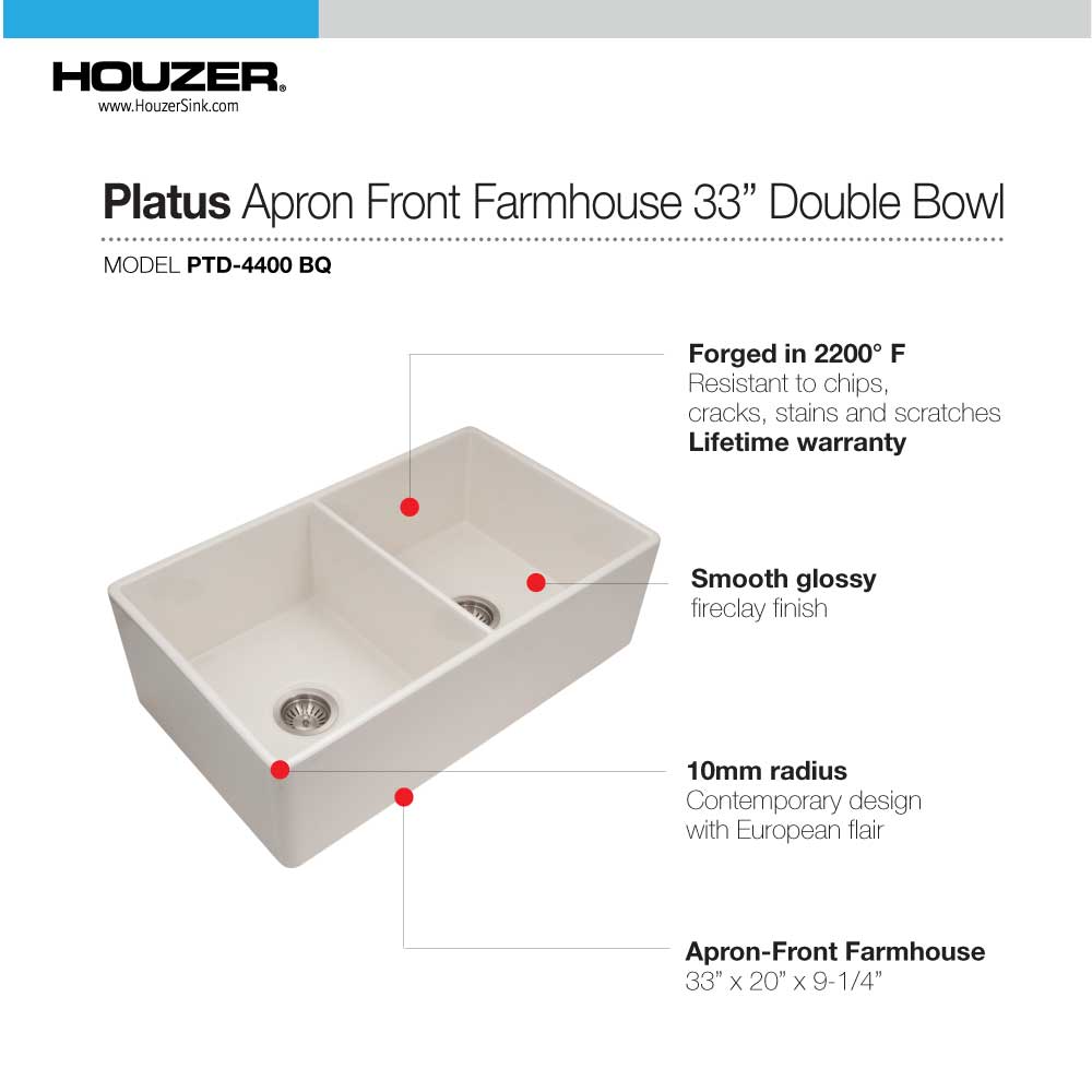 Houzer 33" Fireclay 50/50 Double Bowl Farmhouse Kitchen Sink, Biscuit, Platus Series, PTD-4400 BQ - The Sink Boutique